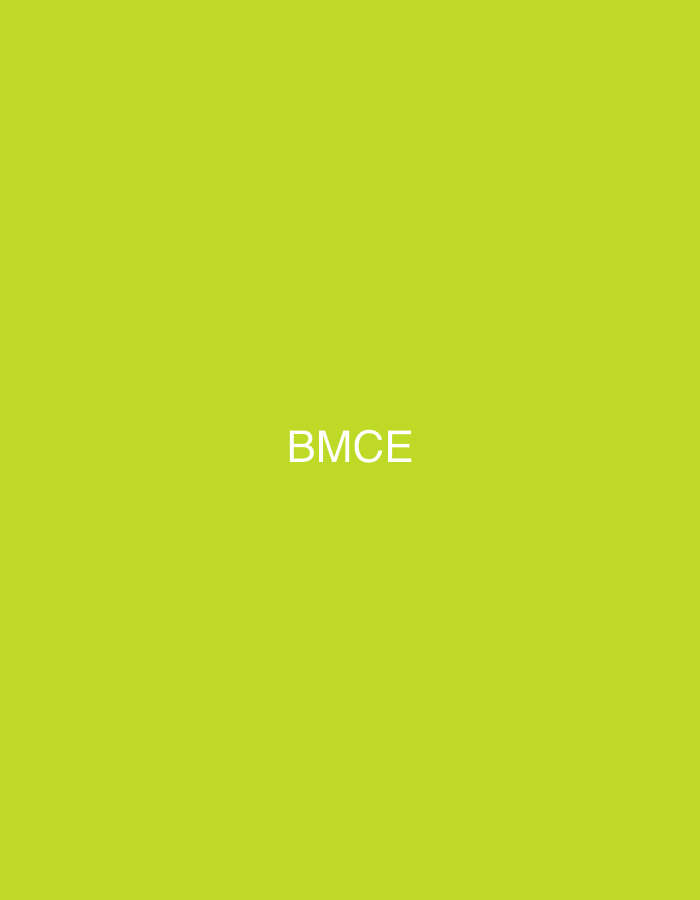 The image displays a solid, vibrant lime green background. Centered on this background are the capital letters "BMCE" rendered in a clean, sans-serif white font. No other subjects, objects, people, or discernible environment are present within the frame. The acronym "BMCE" refers to the Banque Marocaine du Commerce Extérieur, a prominent financial institution with a significant presence and headquarters located in Casablanca, Morocco.