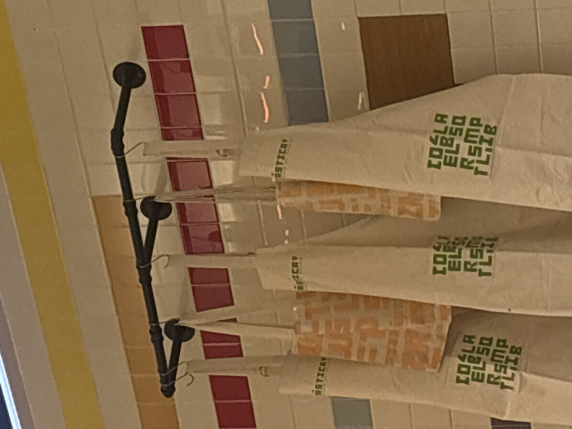 A row of white paper bags hangs from a black metal rack mounted on a tiled wall. Each bag has green text, possibly a logo, printed on the upper portion, and an orange and brown patterned design below. The tiles on the wall are a mix of colors, including yellow, white, red, gray, and brown. The text on the bags is "TOSLA ELSD RSMP TLIB." The word "ASTICAy" is visible on each bag. This appears to be a commercial or retail setting, potentially a shop in Mexico City.