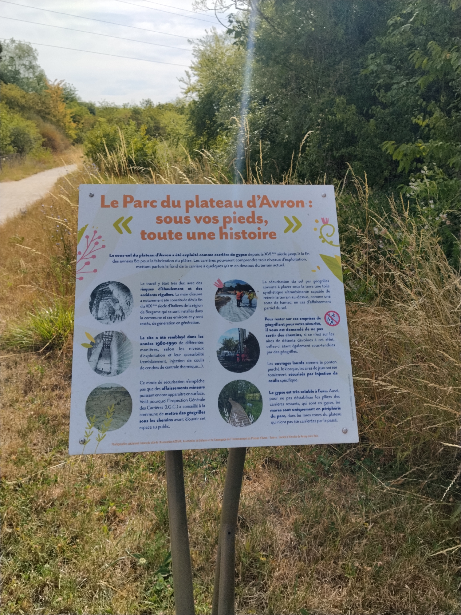 The image shows an informational sign in a park with dense green foliage and trees in the background. The sign, titled "Le Parc du plateau d'Avron: sous vos pieds, toute une histoire" (The Avron Plateau Park: Under your feet, a whole story), is white with orange and black text. It features several images and explains the history of gypsum exploitation in the area. The sign is supported by two metal posts. The environment appears to be a natural setting with tall grasses and a path visible to the left. The location is identified as Rosny-sous-Bois, France, with the text on the sign mentioning "Société d'Histoire de Rosny sous Bois" (Rosny-sous-Bois History Society).