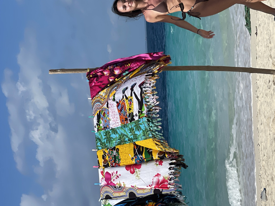 A woman in a bikini poses by a beachside display of colorful sarongs hanging from a wooden pole. The sarongs feature vibrant patterns, including floral, palm tree, and geometric designs. Turquoise water and a sandy beach stretch into the distance, meeting a partly cloudy blue sky.