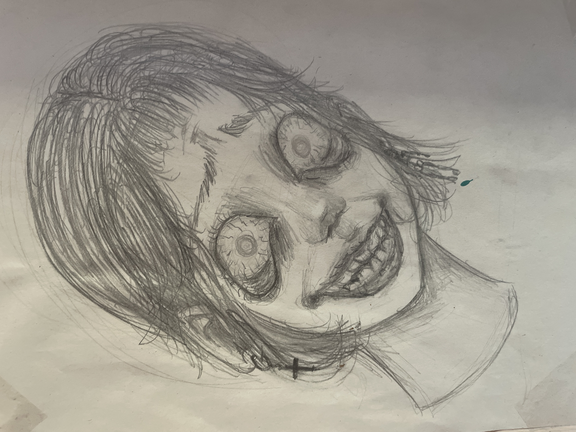 A pencil drawing on white paper depicts a distorted human face. The face is angled to the right. Features include bulging, detailed eyes; a wide, toothy grin; and roughly sketched hair. A small, dark cross appears near the neck. The setting is not depicted, so no location is possible. There is no information about people, objects, actions or interactions in the city of Siva, Russia.