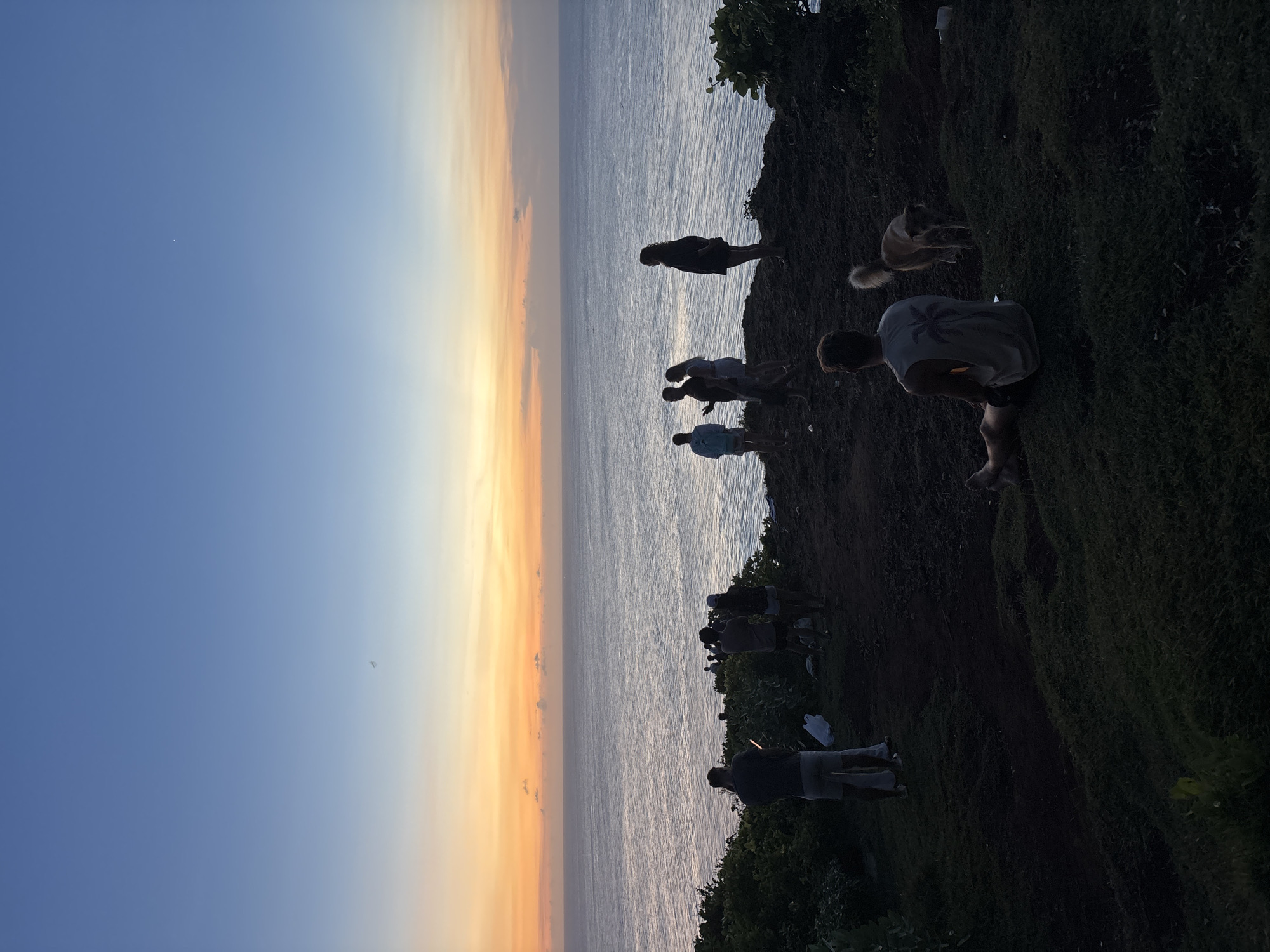 The image captures a twilight scene at a coastal location, likely in Kuta Selatan, Indonesia, given the environmental characteristics. A group of people stand on a grassy cliff overlooking the ocean. The sky transitions from blue to orange near the horizon, suggesting either sunrise or sunset. The sea is calm with subtle reflections of the sky's colors. The people appear to be observing the ocean, some standing closer to the cliff edge than others. There is a dog present among the group. The cliff is covered in vegetation, with denser foliage toward the bottom of the image. Overall, the scene depicts a peaceful, possibly contemplative gathering at a scenic viewpoint.