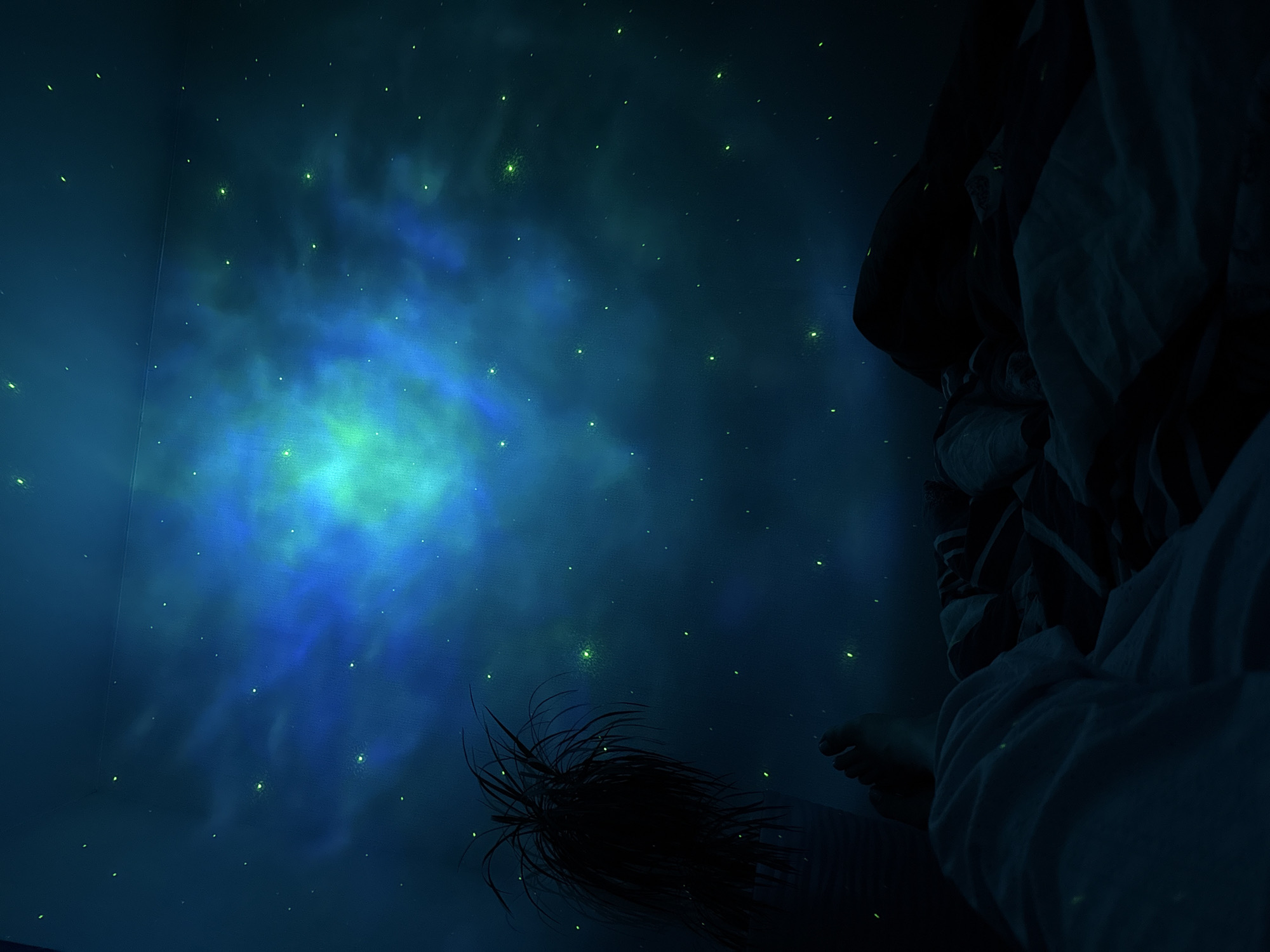 The image depicts a dimly lit bedroom with a projector casting a nebula and star-like pattern onto the ceiling. In the foreground, a person's feet and legs are visible, covered by white bedding. To the left, a dark silhouette of a potted plant with spiky leaves is present. The overall ambiance is dark and serene, with the projected light creating a vibrant blue and green aurora-like display with small yellow-green dots representing stars. The location in Perm, Russia, is not discernible from the visual information provided in the image.