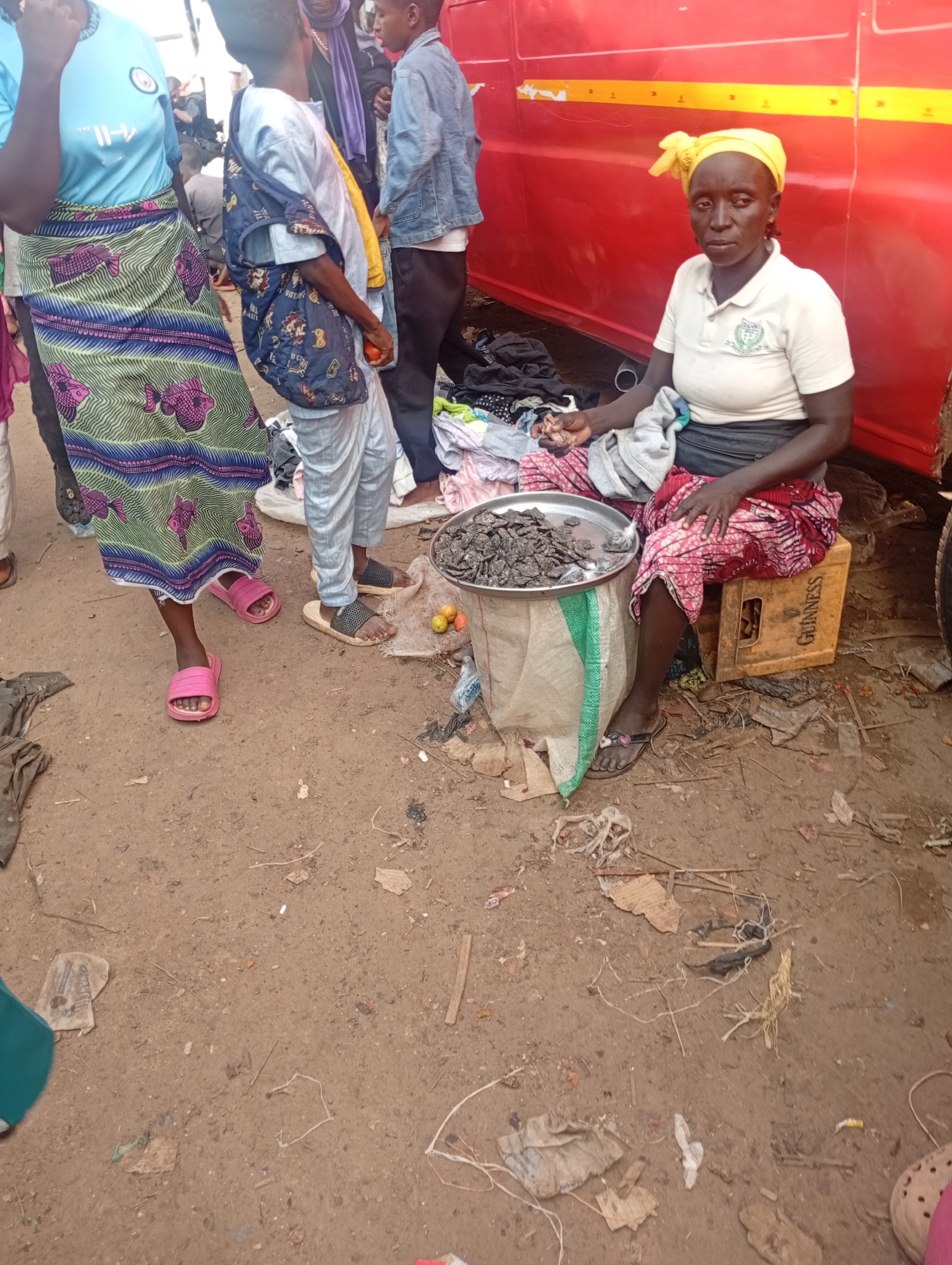 In Rafin Par, Nigeria, a woman is seated on a yellow Guinness crate next to a red bus. She wears a white polo shirt and a red patterned skirt with a yellow headscarf. In front of her, on a sack, is a silver platter filled with dried food items, possibly fish or meat. Two small tomatoes sit near the platter. Scattered around are various articles of clothing and debris, suggesting a market or roadside vendor setting. To the left, a person in a blue shirt and a patterned skirt stands, and another person in a light blue shirt and grey pants is partially visible. The ground is dirt, with more debris and scattered items.