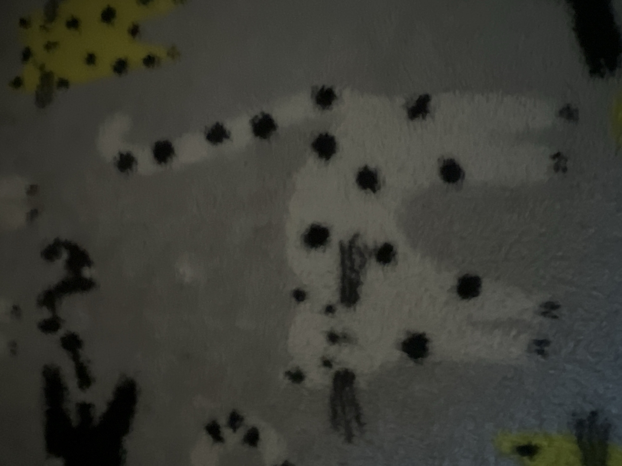 This is a close-up, high-angle, blurry, and grainy photograph of a grey blanket with a pattern of cartoonish animals. The animals appear to be stylized white cats with black spots and yellow creatures, also with black spots. One white cat-like figure is prominently displayed in the center, with its head facing left and its body extending to the right. It has black spots on its head, body, and tail. Another white cat-like figure is partially visible on the far left, and a yellow spotted creature is visible on the top right. There are also some dark, abstract shapes in the top left corner, possibly part of another animal or a shadow. The image is not descriptive of any specific location in Warsaw, Poland, as it is a photograph of a blanket.