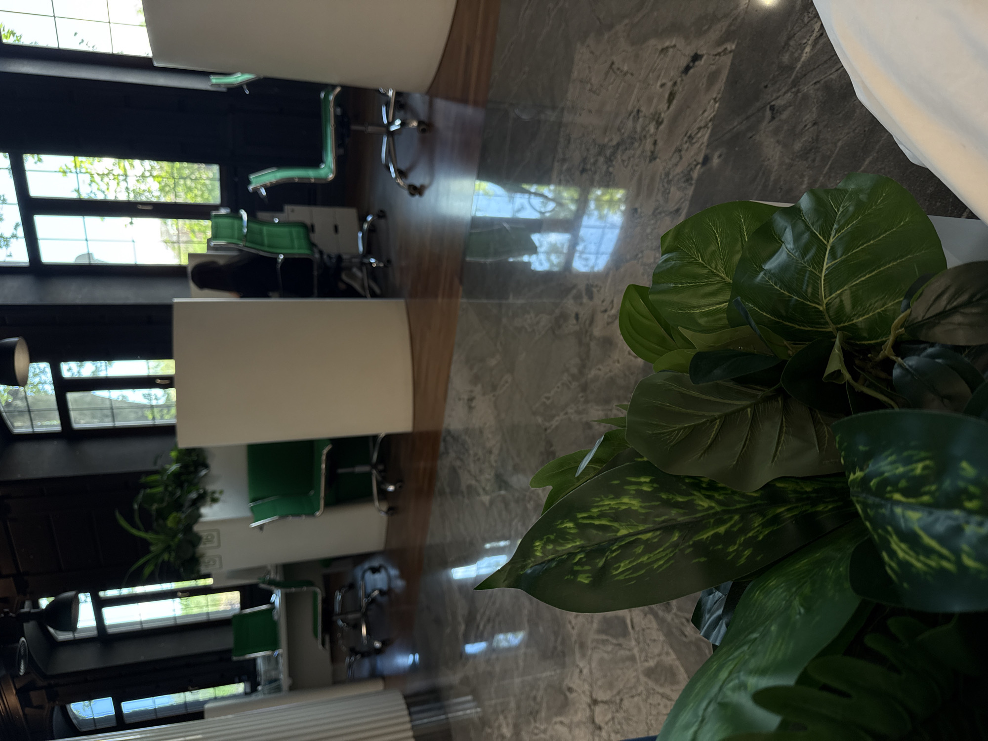 The image shows an interior space, likely an office or commercial setting. It is furnished with white desks and green rolling chairs, arranged in rows. Large windows allow natural light to enter, reflecting off the glossy gray marble floor. A potted plant is prominently featured in the foreground.
Due to the limited visual information, it is not possible to determine the exact location in Yerevan, Armenia.