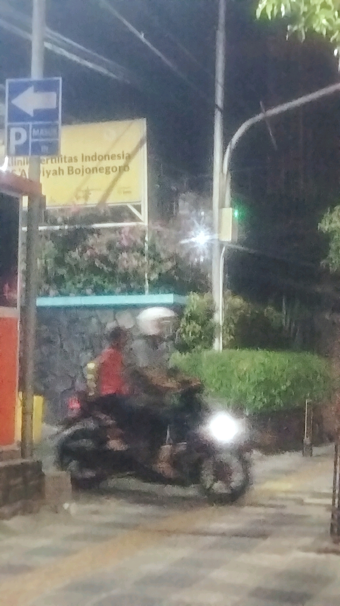 The image depicts a nighttime scene on a street in Bojonegoro, Indonesia, focusing on a motorcycle with two occupants. A blue sign with a white arrow pointing left and the letter "P" is visible on the left side of the frame, suggesting a parking area. Behind the sign is a yellow billboard with Indonesian text that reads "klinik fertilitas Indonesia Aisyiyah Bojonegoro," indicating a fertility clinic associated with Aisyiyah in Bojonegoro.
The motorcycle, dark in color, has its headlight illuminated, casting a bright light forward. The rider, wearing a white helmet, is seated on the motorcycle. A second person, wearing a red shirt, is seated behind the rider. The motorcycle is positioned on a paved surface, likely a road or sidewalk, with patterned paving stones visible in the foreground.
The background features a low, dark stone wall topped with a light blue trim. Beyond the wall, there is dense green foliage, suggesting a garden or park area. A utility pole with a green traffic light is visible further back on the right side of the image, along with streetlights or other light sources that contribute to the overall illumination of the scene. The atmosphere is dark, with artificial lights providing the primary illumination.