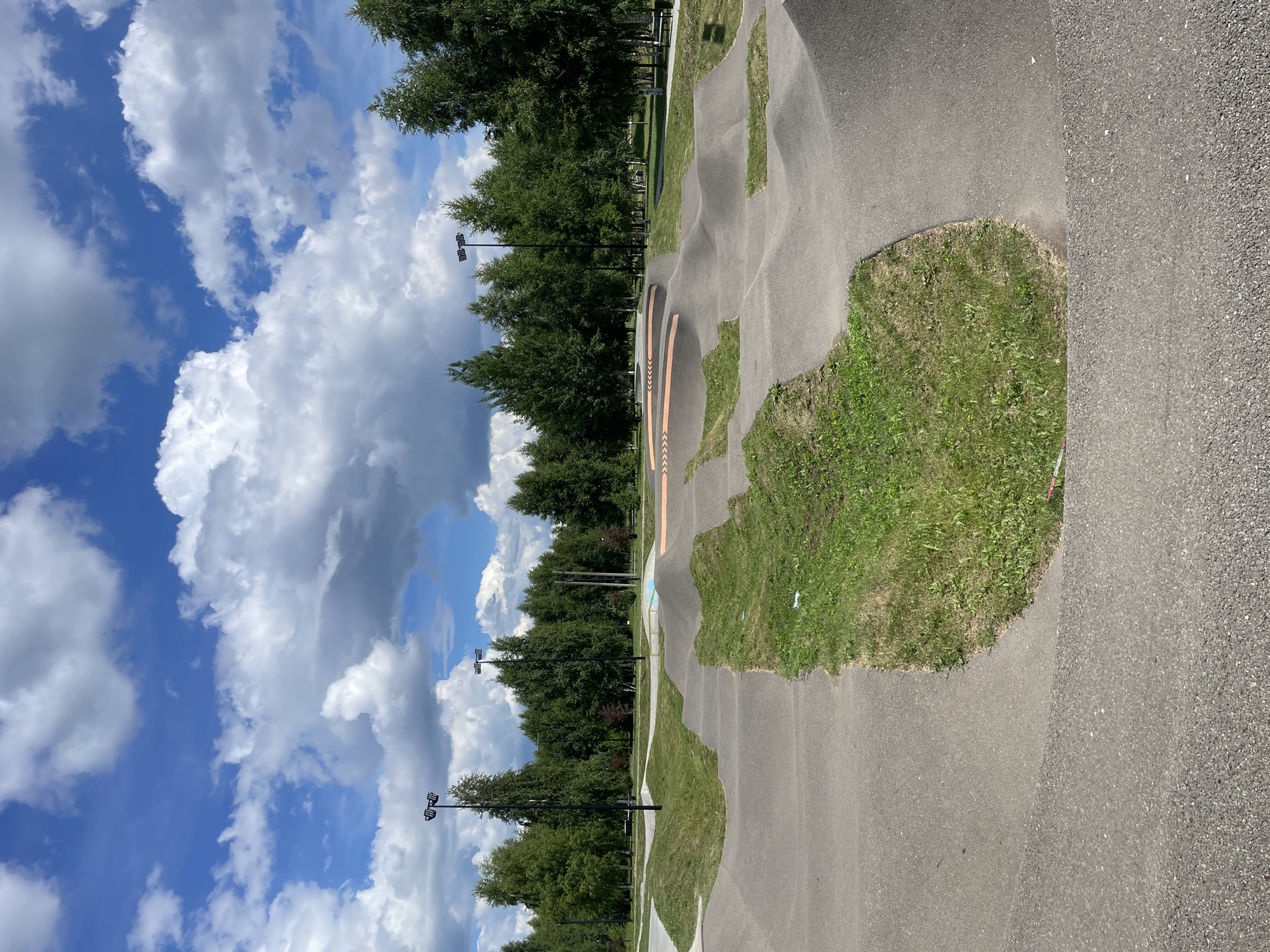The image depicts a modern outdoor asphalt pump track designed for cycling or skateboarding, situated in a park setting. The track features a series of undulating mounds, berms, and flat sections, creating a dynamic landscape for riders. Green grass and trees surround the pump track, indicating a natural environment. In the background, a line of tall trees forms a dense forest, and a bright blue sky with white, fluffy clouds stretches overhead. Two tall lamp posts with multiple lights are visible, suggesting the area is illuminated for evening use. The scene is devoid of any people or active use of the pump track. The overall impression is one of a recreational facility integrated into a scenic, urban park environment.
