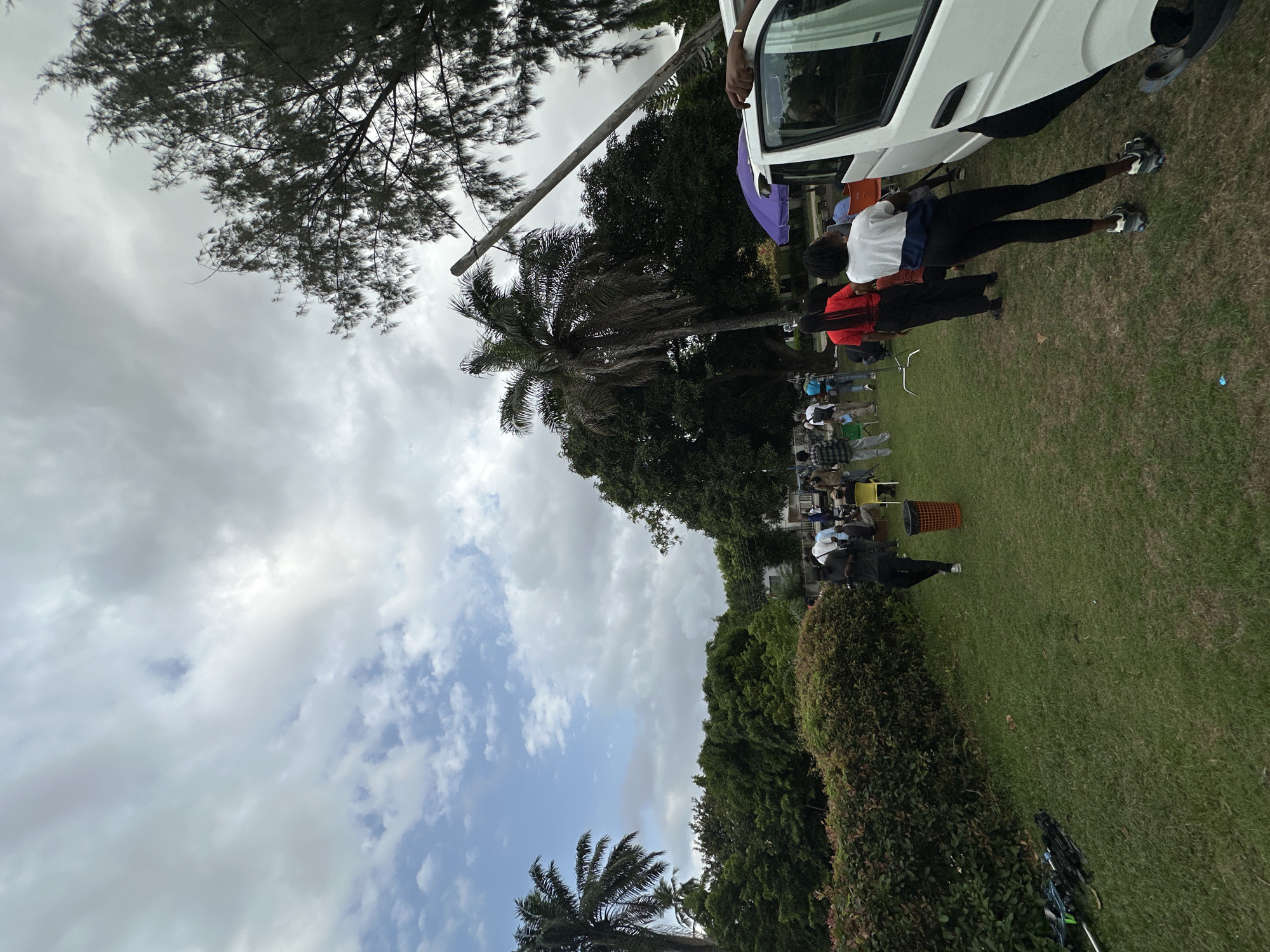 The image shows an outdoor scene in Lagos, Nigeria. People are gathered on a grassy lawn near a white van. Some individuals are standing near the van, while others are seated in chairs on the lawn. The environment includes trees, bushes, and a cloudy sky. A palm tree is visible among the foliage. A bicycle is seen in the foreground. A wooden utility pole is located near the van and trees.