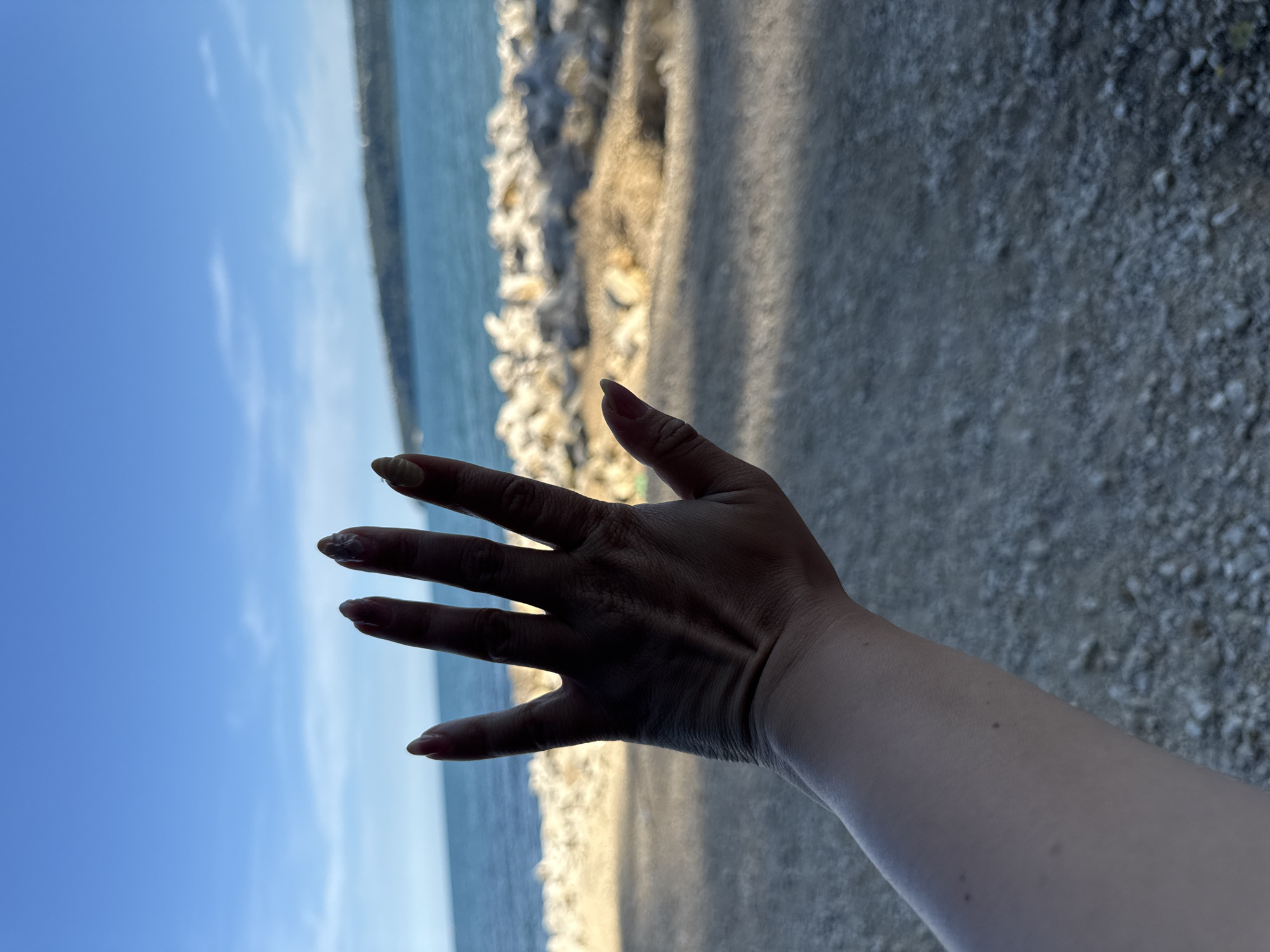 A person's hand, palm up, is held against a backdrop of a bright blue sky and the sea, with a gravel path to the right. The hand is partially in shadow, with clear details of the skin and fingernails visible. The fingernails appear to have a light-colored polish. The background suggests a sunny day, with the light reflecting off the water and the gravel. The scene is likely outdoors, possibly near a beach or waterfront. The orientation of the image is vertical, with the hand extending from the bottom right corner towards the top left. There is no visible text in the image. The context provided indicates the location as Varna, Bulgaria.