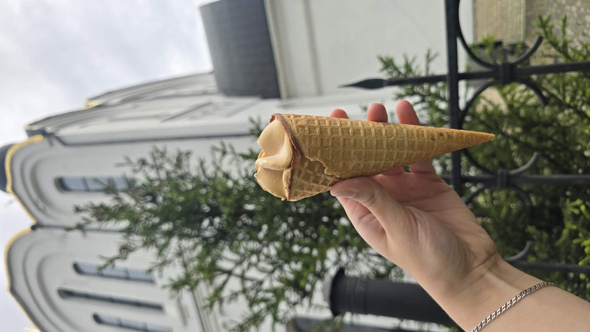 A person's hand holds a caramel ice cream cone in front of a white building with a gold-domed roof. The building appears to be a church or similar structure, with arched windows and decorative trim. A dark green evergreen tree with visible cones is positioned between the hand and the building. A black metal fence with decorative scrollwork is visible in the foreground, partially obscuring some of the greenery. The sky is overcast.