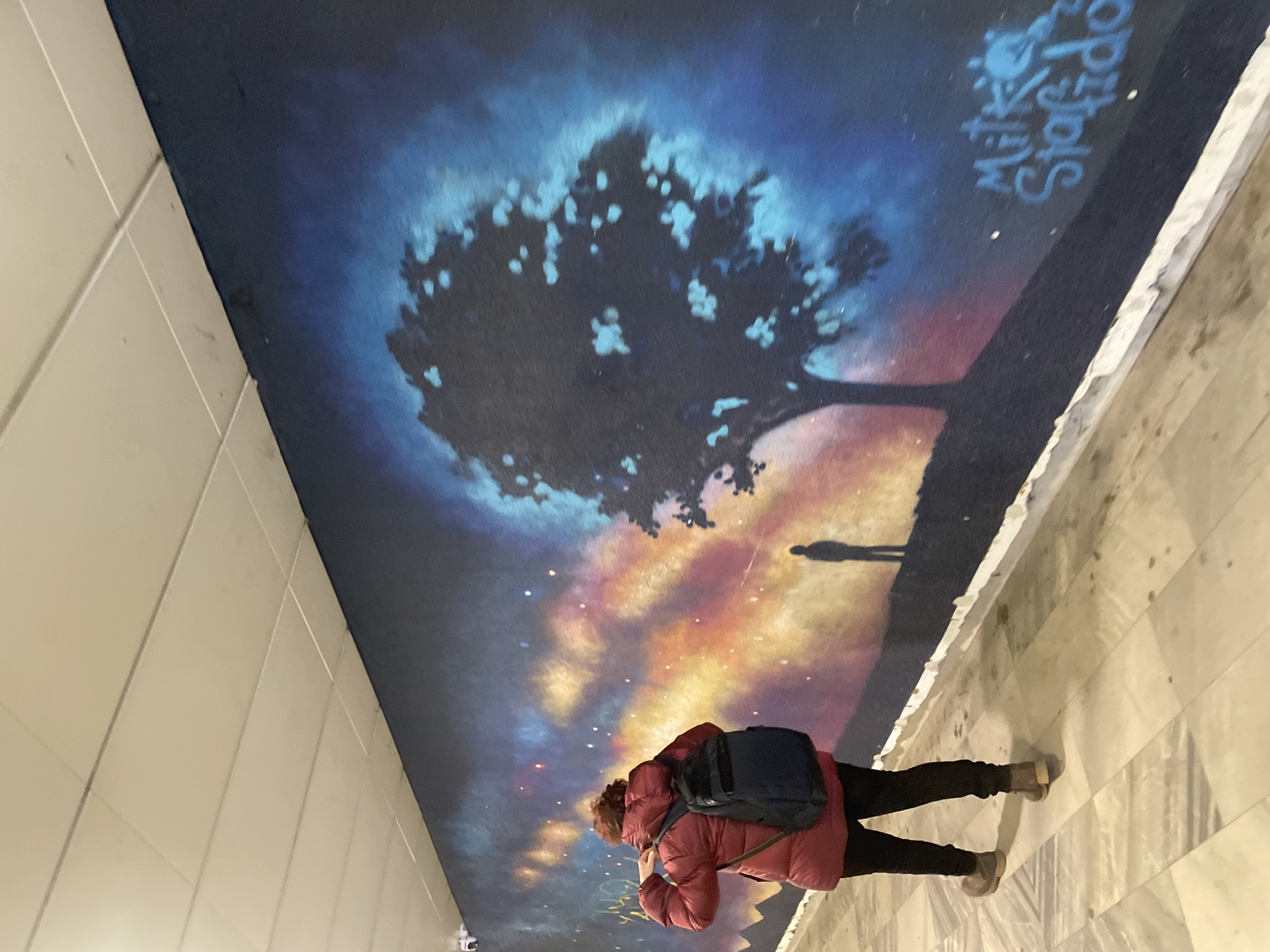 A slightly rotated, medium shot captures a woman standing sideways in front of a large painting. The woman is wearing a pink puffer jacket, black leggings, and tan shoes. She has a dark blue backpack on her back. The painting features a tree silhouette with a night sky background of blues, oranges, and reds. A figure stands on the hill to the right of the tree. The artist's signature "Mitko Stafido" is in blue paint at the upper right corner of the painting. The painting is mounted on a wall made of white tiles. The floor is made of marble-patterned tiles. The location is the underpass next to the Serdika metro station, in the city of Sofia, Bulgaria.