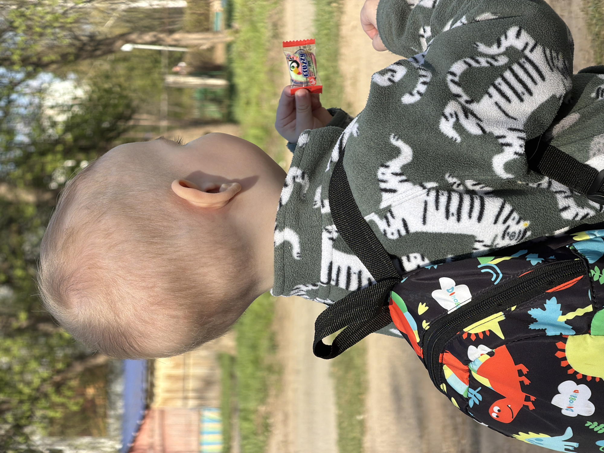 A toddler is holding a "Frozzy" candy in an outdoor setting. The child is wearing a green and white patterned fleece and a backpack with a dinosaur print. The location is Chaikovsky, Russia, as indicated by the candy brand. The background shows a path and greenery, suggesting a park or similar outdoor space.