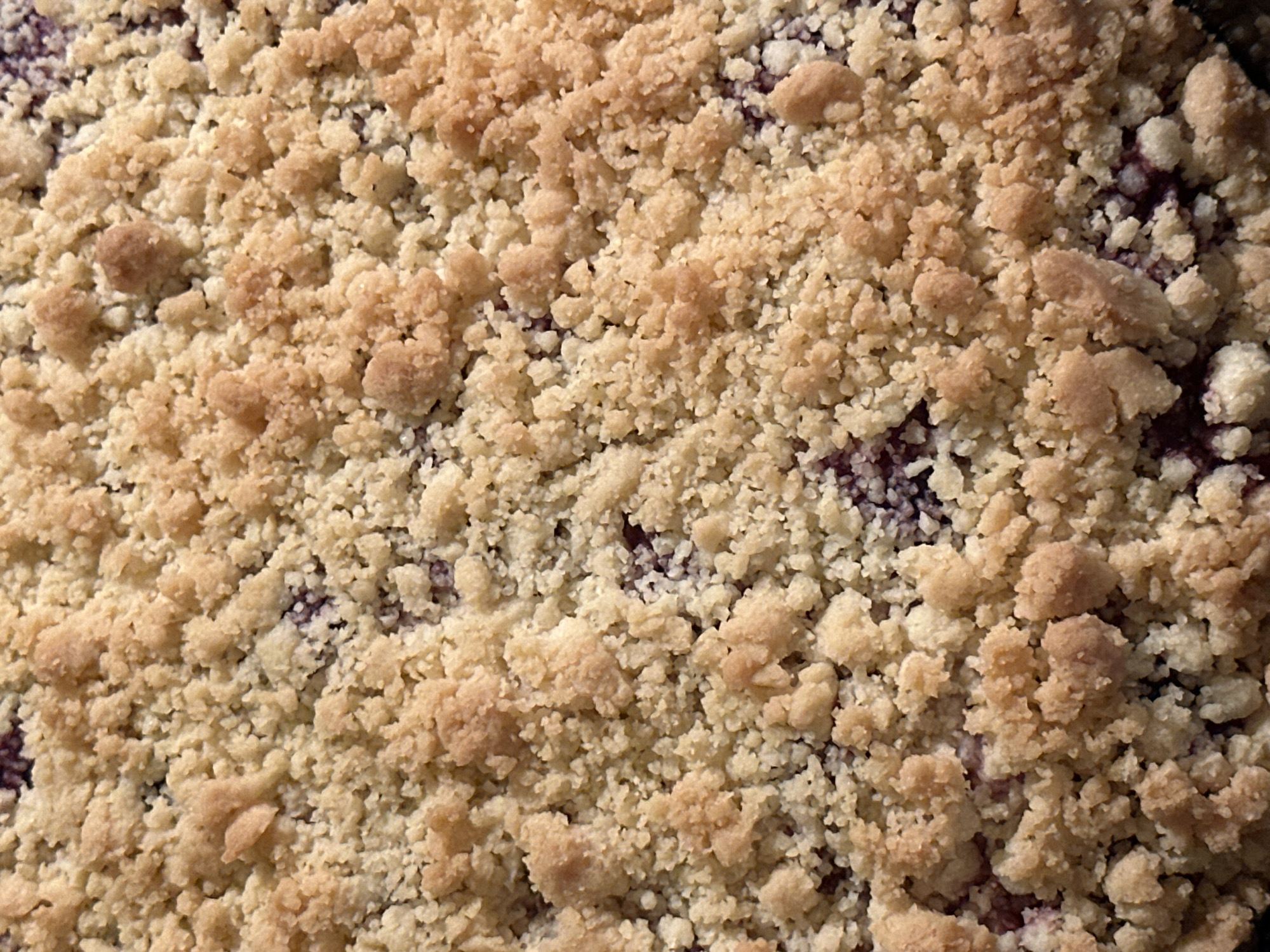 This is a close-up, top-down view of a baked dessert, likely a fruit crumble or streusel. The dominant feature is the golden-brown and light beige crumbly topping, composed of various-sized granular pieces, some clustered together and slightly more browned, indicating baking. Beneath the textured crumble, glimpses of a dark, purplish-red fruit filling, possibly berries, are visible. There are no people, activities, or events depicted. No visible text is present. The setting appears to be indoors, potentially in a kitchen or dining area in Moscow, Russia, though no specific location cues are present within the image itself. The dessert appears freshly baked and ready for consumption.