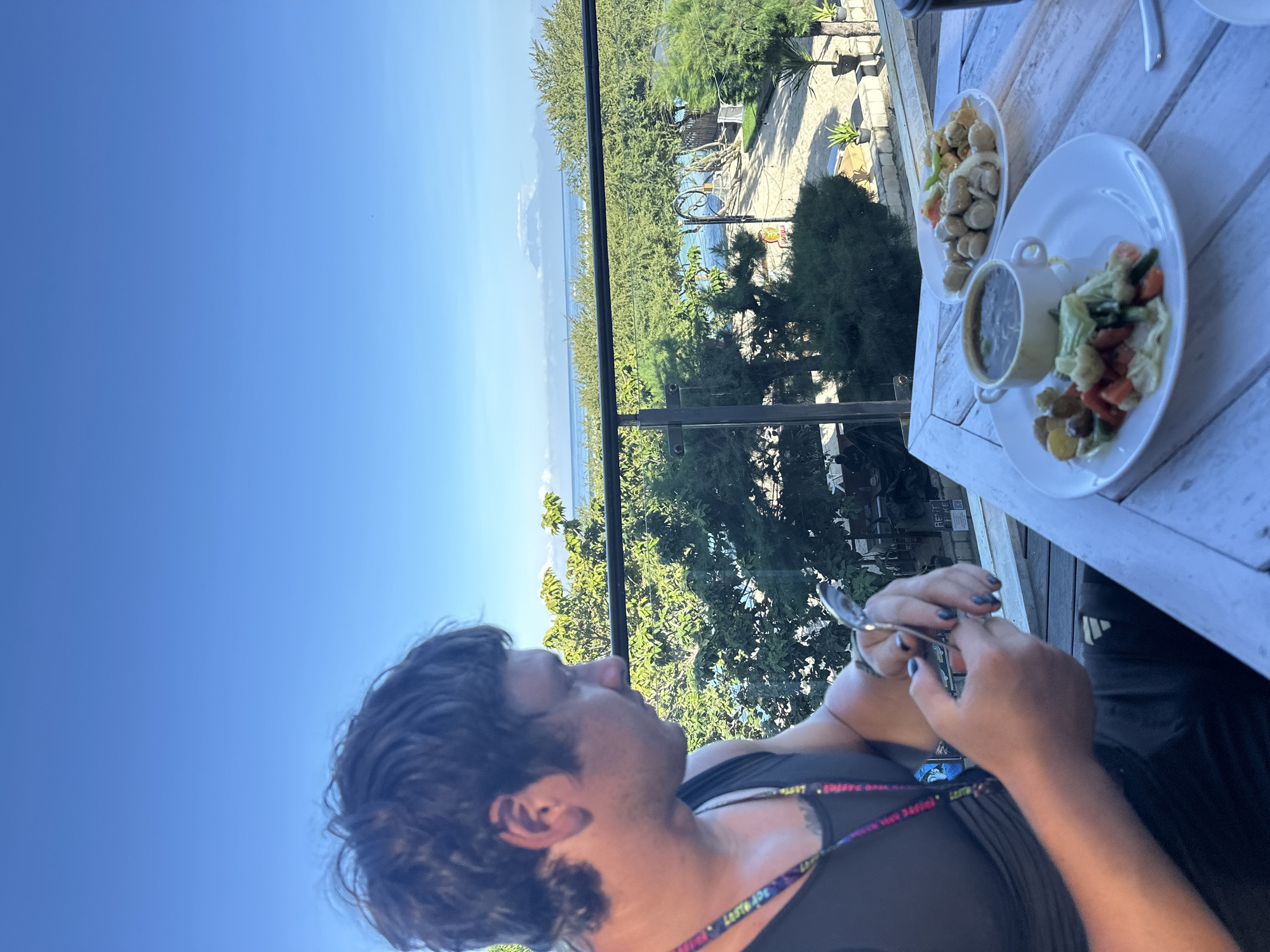 A medium-shot, sideways-oriented photograph depicts a man sitting at a white, wooden table, overlooking a lush green landscape and a body of water. The scene appears to be taken from a balcony, suggested by the presence of a black metal railing.
The man has dark, curly hair and is wearing a black tank top with a lanyard around his neck with white lettering on a bright pink strap. He is holding a silver spoon in his hands.
On the table, there are two white plates and a white mug, with food arranged on them. One plate contains what appears to be fried food, possibly mushrooms or tofu, while the other plate has a mug of soup and a vegetable dish.
The background shows a densely vegetated area with trees, leading down to a body of water, presumably the ocean. The sky is a clear, vibrant blue.
The photograph does not reveal any specific location details that would identify the city or region in Indonesia.