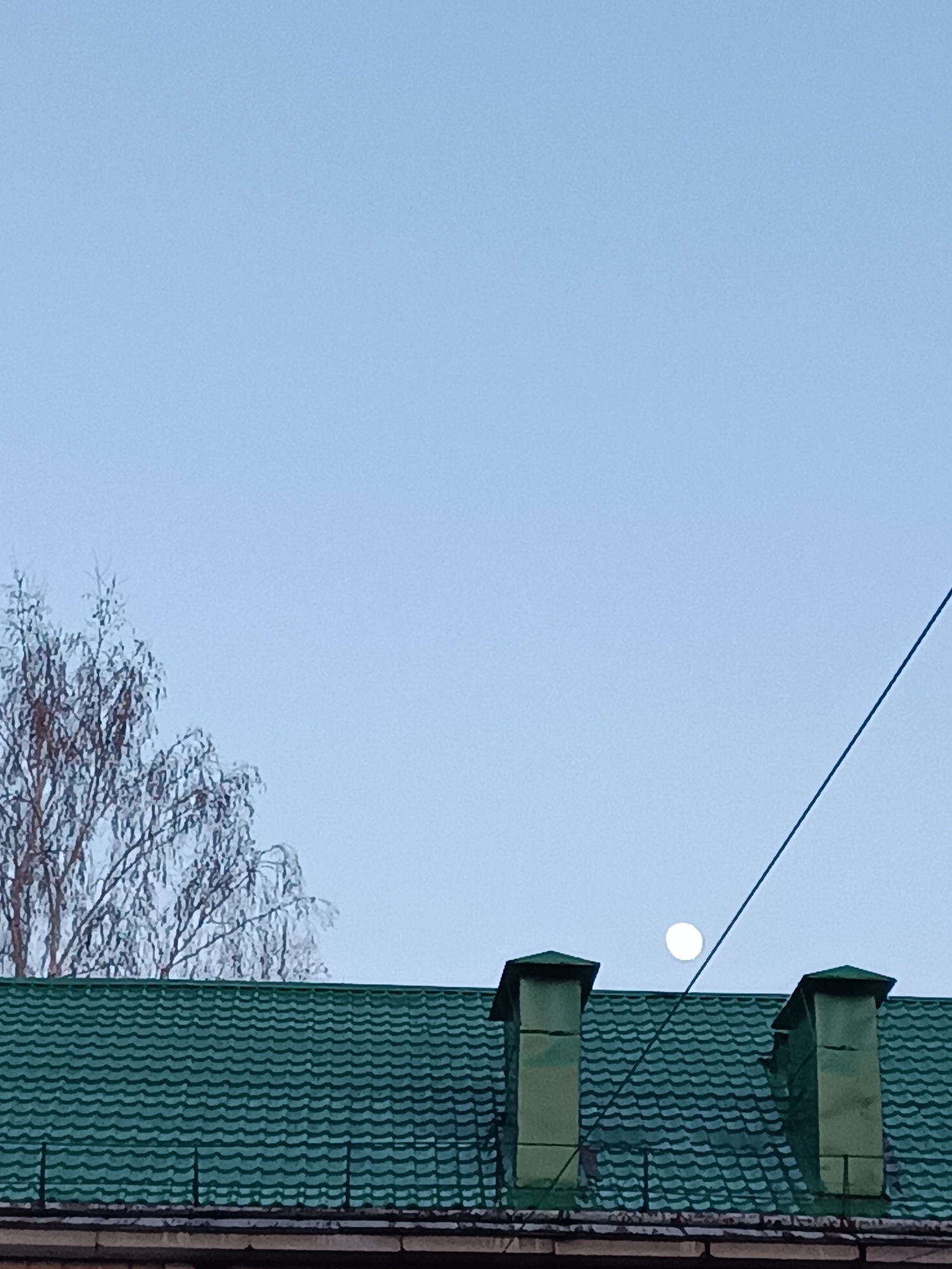 An outdoor, static shot captures the upper portion of a building against a light blue, clear sky in Chaikovsky, Russia. The most prominent celestial body is a full, bright white moon positioned slightly to the right of the image center, above the building's roofline.
The building features a distinctive green, tiled roof with a wavy pattern, spanning across the lower half of the frame. Two matching green, square-shaped chimneys rise from the roof towards the right side of the image. Below the roof, a darker, brick-like or stone structure is partially visible.
To the left, a portion of a bare-branched tree with a silvery-grey appearance stands, suggesting a cold season. A dark, thin power line or cable diagonally crosses the sky from the upper right corner, passing in front of the moon and over the roof, disappearing towards the bottom right.
The overall lighting suggests either dawn or dusk, characterized by the light blue sky and the visible, luminous moon. No human activity or visible text is present in the image.