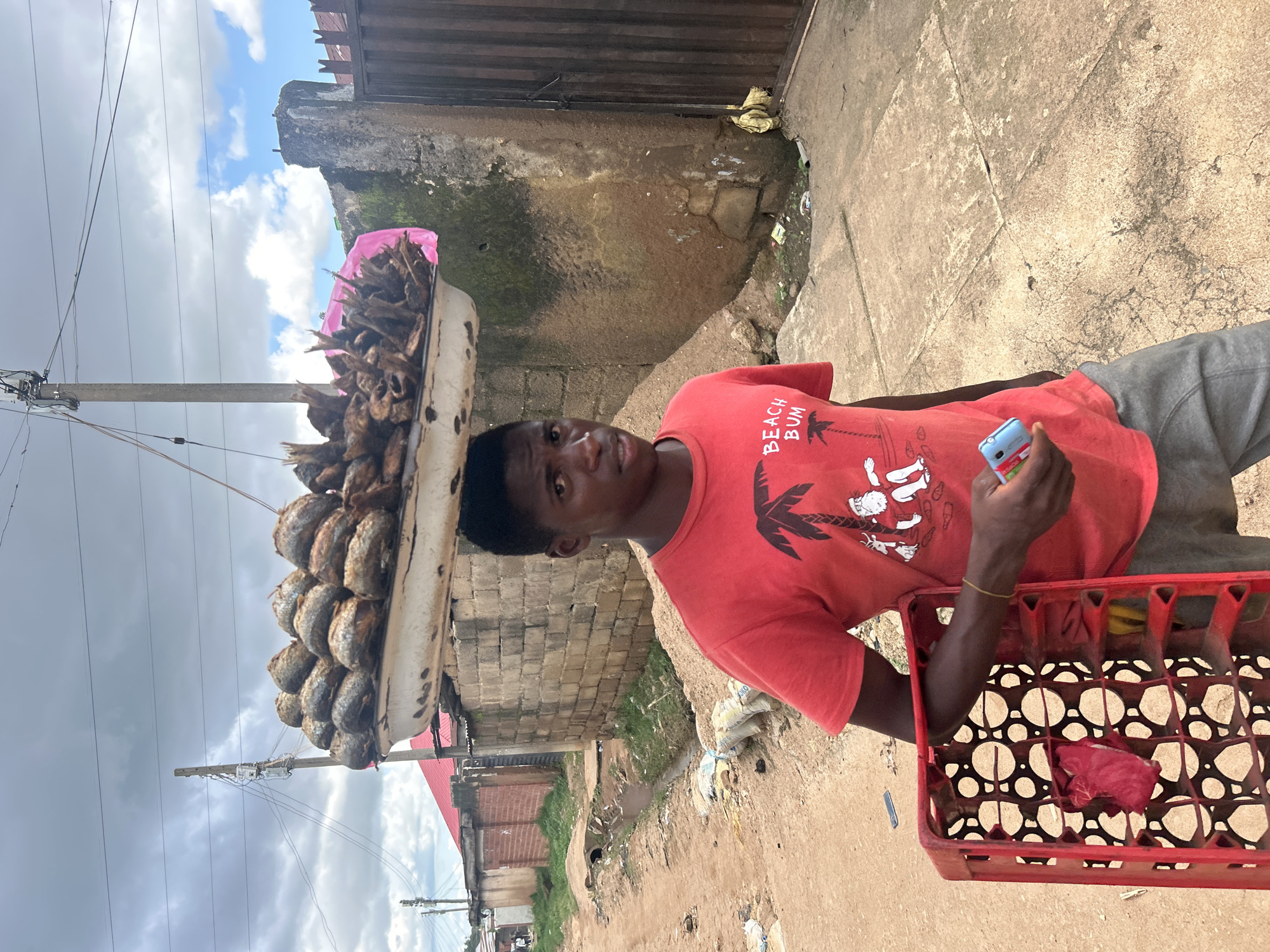 In Jos, Nigeria, a young Black male vendor carries a tray of dried fish on his head. He is wearing a red t-shirt with a "Beach Bum" graphic and grey trousers. In his left arm, he holds a red plastic crate. His right hand holds a small blue mobile phone. The background shows a dirt road, some buildings, and a fence. The sky is cloudy.