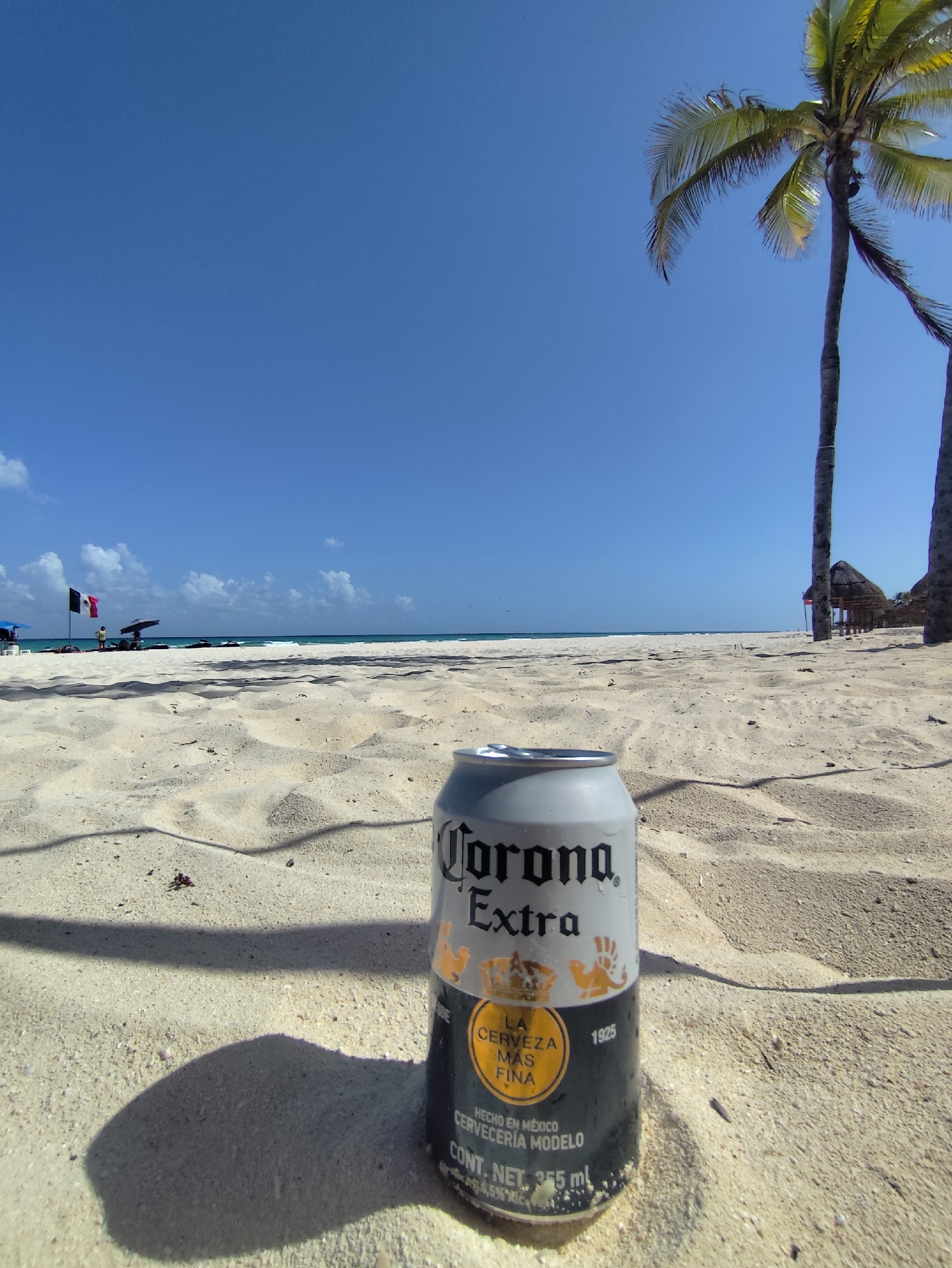 The image depicts a Corona Extra beer can half-buried in the sand on a beach in Playa del Carmen, Mexico. In the background, a clear blue sky meets the horizon, with a few wispy clouds scattered. Two palm trees rise on the right side of the frame, while a partially visible beach hut is nestled beneath the trees. A Mexican flag flutters in the distance on the left, near some beach umbrellas and other indistinct figures. The overall scene suggests a sunny, tropical beach environment.