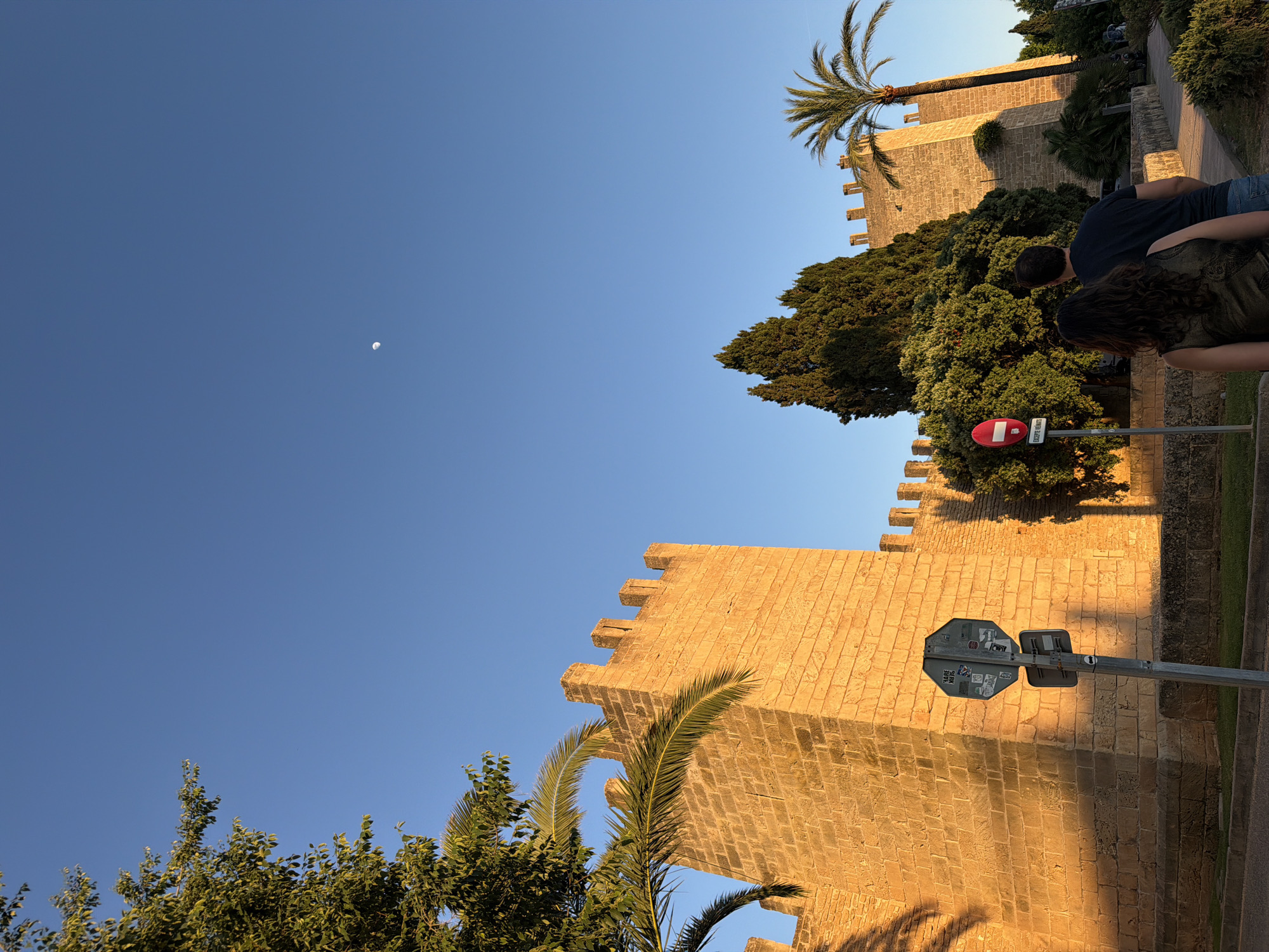 The image captures a clear blue sky above the historic walls of Alcúdia, Spain, with a thin crescent moon visible. The imposing stone walls, characteristic of the city's architecture, are bathed in the warm light of the setting sun, casting shadows from nearby palm trees. A signpost with traffic signs stands adjacent to the wall. A couple is seen in the upper-right, dressed casually, their backs to the camera. Lush greenery and various trees line the perimeter of the walls, adding a touch of nature to the urban scene.