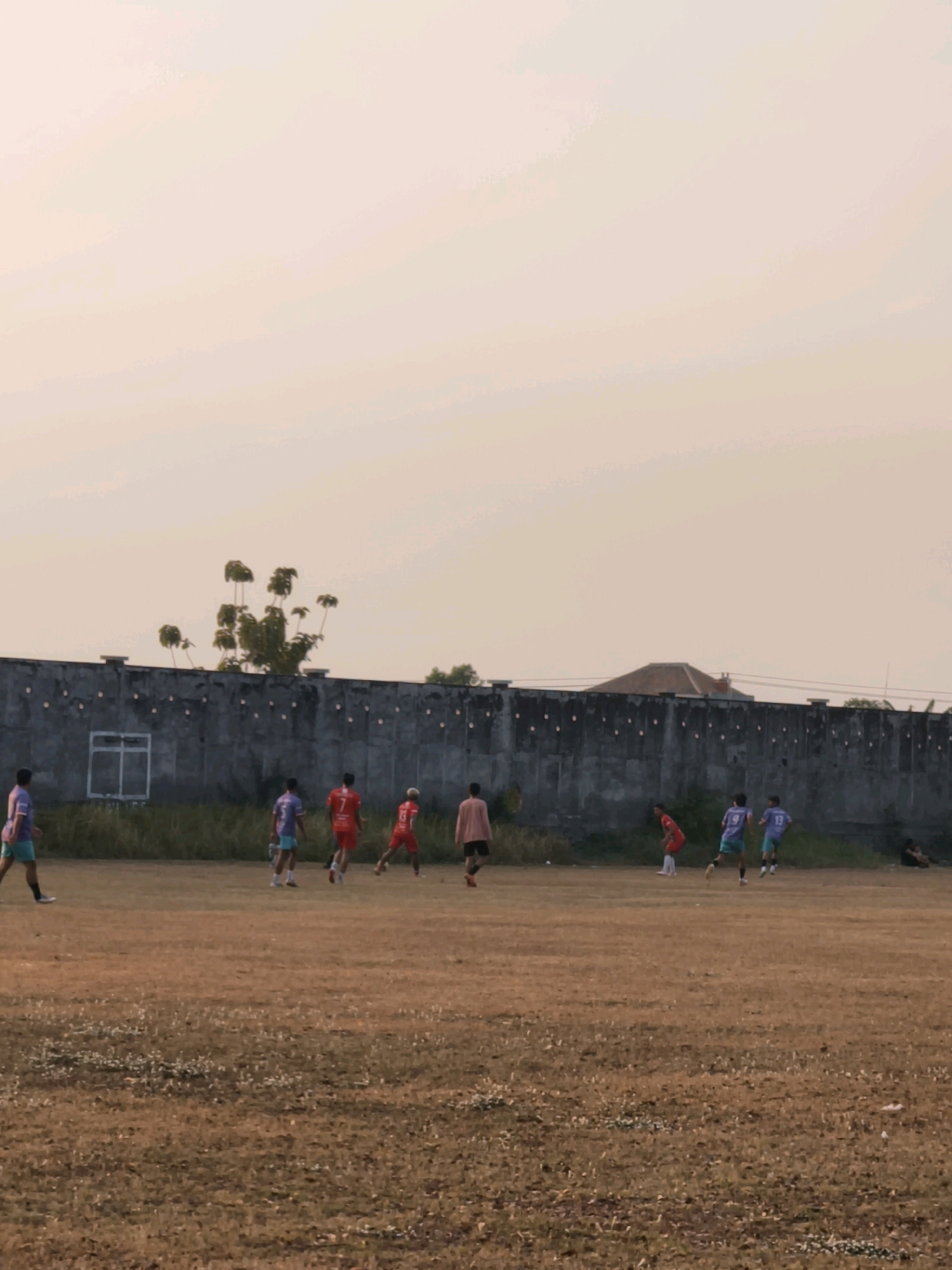 In Desa Sindon, Indonesia, a group of young men are playing soccer on a dry, dirt field. The field is surrounded by a concrete wall that runs along the back of the playing area, with some vegetation growing behind it. In the distance, several trees are visible, with one particularly distinctive tree with multiple branches reaching upwards. The sky is a pale orange, suggesting either sunrise or sunset. The players are dressed in athletic wear, with some in red shirts and others in blue or purple shirts. They are engaged in various actions, such as running, kicking the ball, and positioning themselves on the field. The overall scene depicts a casual game of soccer taking place in an open outdoor setting.