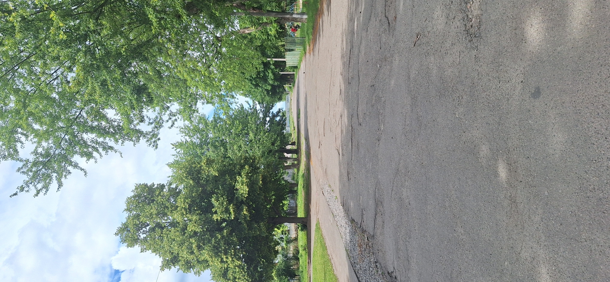 The image shows a straight, paved road lined with trees on both sides, leading towards the horizon. The sky above is partly cloudy. On the left side of the road, there is a grassy area with some trees. On the right side, there is a green metal fence and a playground with two people seated on a bench. The road surface appears aged and shows signs of wear, with cracks and patches visible. The trees are in full foliage, indicating a summer or late spring setting. The overall scene suggests a quiet, residential or park-like area within the city of Bila Tserkva, Ukraine.