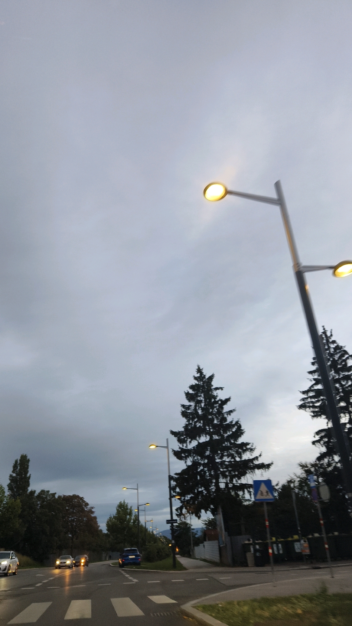 The image shows a street scene at dusk in Vienna, Austria. The sky is overcast with a pale gray hue. In the foreground, there is a crosswalk. Several cars are visible on the road, some with their headlights on. Streetlights illuminate the scene, casting a warm glow. Tall evergreen trees stand on either side of the road, with deciduous trees and foliage visible in the background. A traffic sign with a blue triangle and white symbol is positioned near the road. The overall impression is that of a quiet, late-evening streetscape in a suburban or outer-city area.