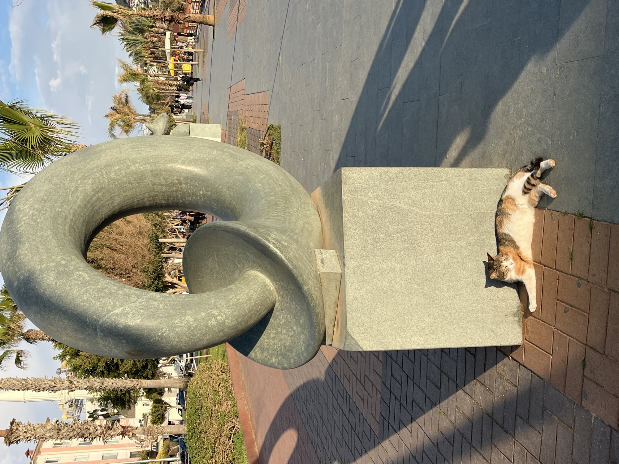 Captured at an elevated angle, the image features a sculpture of a knotted ring in a public space, likely a park or pedestrian area, situated in Alanya, Turkey. A calico cat is resting on the cubic base of the sculpture, stretching its limbs. The background includes palm trees, other pedestrian traffic, and buildings indicative of an urban environment. The sculpture and its base cast a shadow onto the paving. The time of day is likely late afternoon, judging by the angle and length of the shadows.