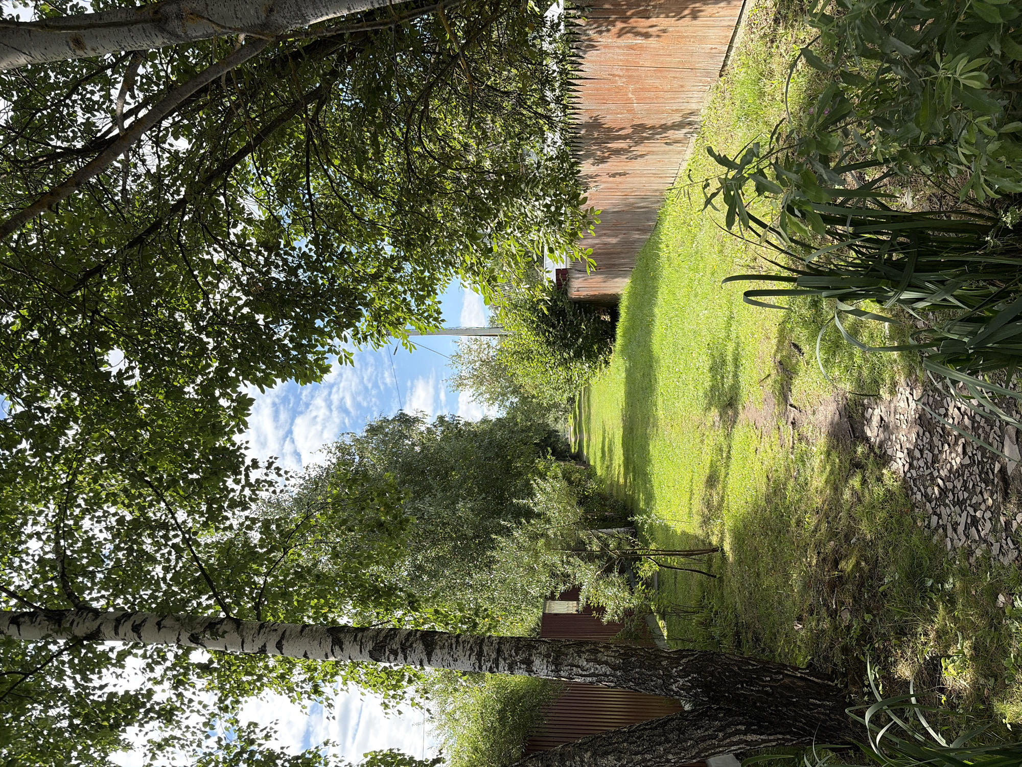 The image depicts a sunlit pathway bordered by a wooden fence and lush green vegetation in Nerydnik SNT, Russia. The pathway, composed of gravel and dirt, meanders through a grassy area. On the left, a birch tree with distinctive white and black bark stands prominently, casting shadows on the ground. To the right of the path, a rustic wooden fence, showing signs of wear, runs along the entire visible length of the image. Beyond the fence, a building is partially visible through the foliage. The background is filled with dense green trees and shrubs, with a bright blue sky dotted with white clouds overhead. The overall impression is of a serene, rural setting on a clear day. No people are visible in the scene.