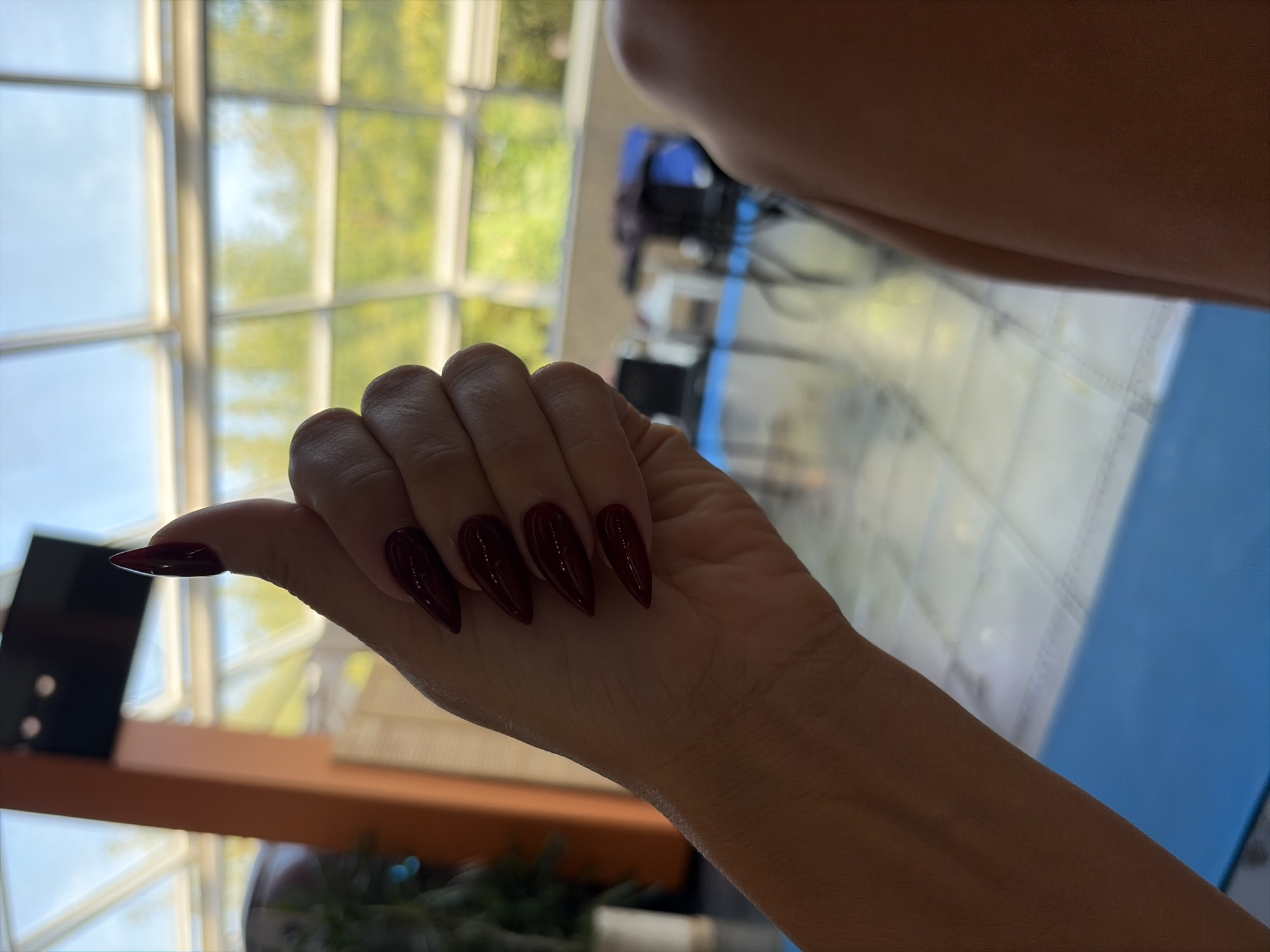 A close-up, waist-up shot captures a person's hand, adorned with long, pointed, dark red acrylic nails, extended into a thumbs-up gesture. The background is a blurred, sunlit interior with large windows revealing green trees and a bright blue sky. Inside, what appears to be a conservatory or large indoor space, elements of seating and possibly a reception desk are visible, with muted lighting and an orange pillar on the left. The flooring is tiled with a grid pattern. The focus is on the hand, suggesting a deliberate pose. The overall impression is one of a casual endorsement or positive signal within a well-lit, potentially public indoor environment, possibly a cafe or lounge, though no specific Moscow landmarks are identifiable.