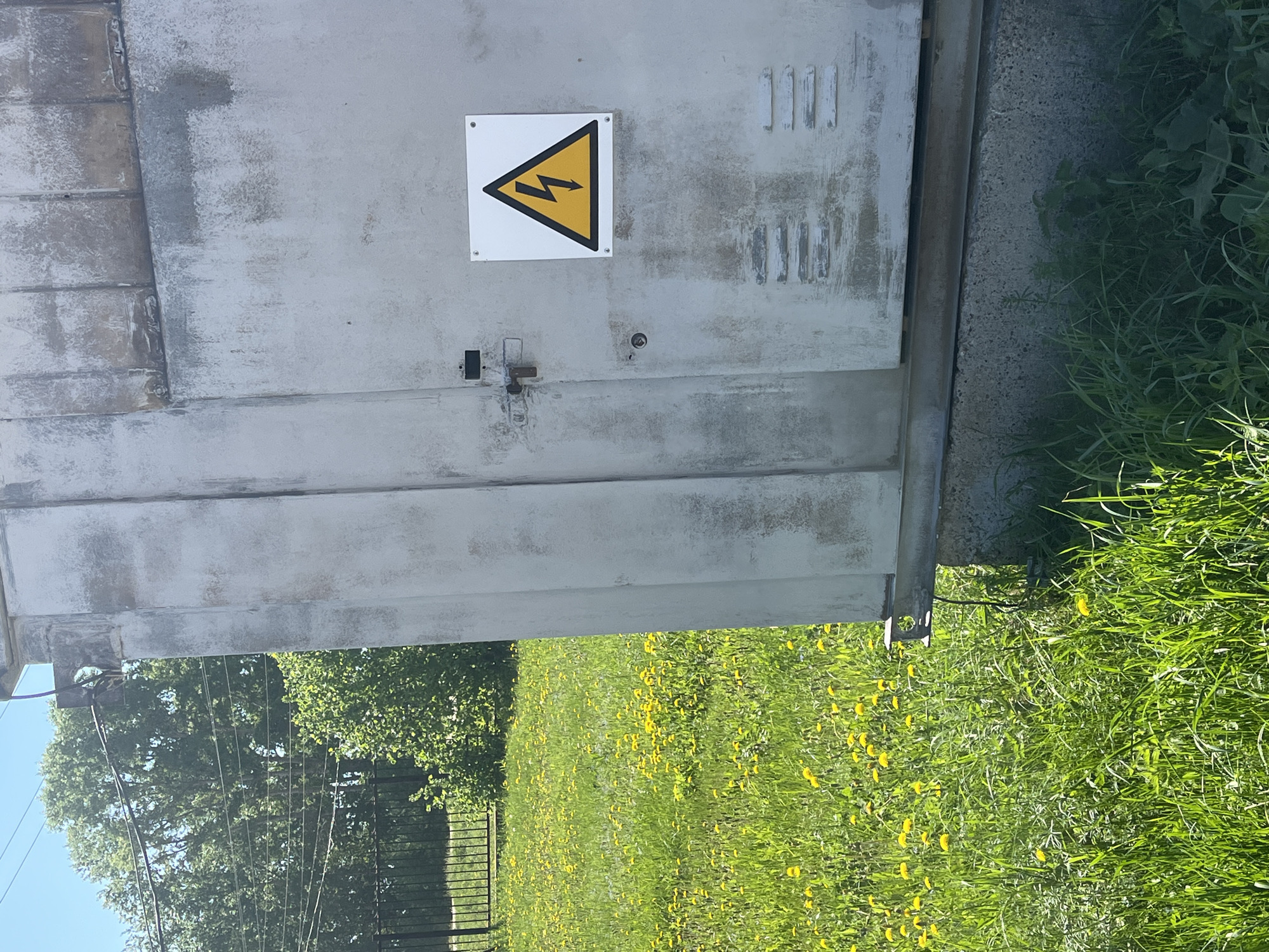 An outdoor shot depicts a weathered, grey electrical box. A square sign with a yellow lightning bolt symbol on a black triangle is affixed to the center of the box. Metal vents are located on the upper right. The box is set in tall green grass and yellow dandelions. A black metal fence and trees are visible in the background under a blue sky. The location is in a grassy area of Unknown, Unknown.