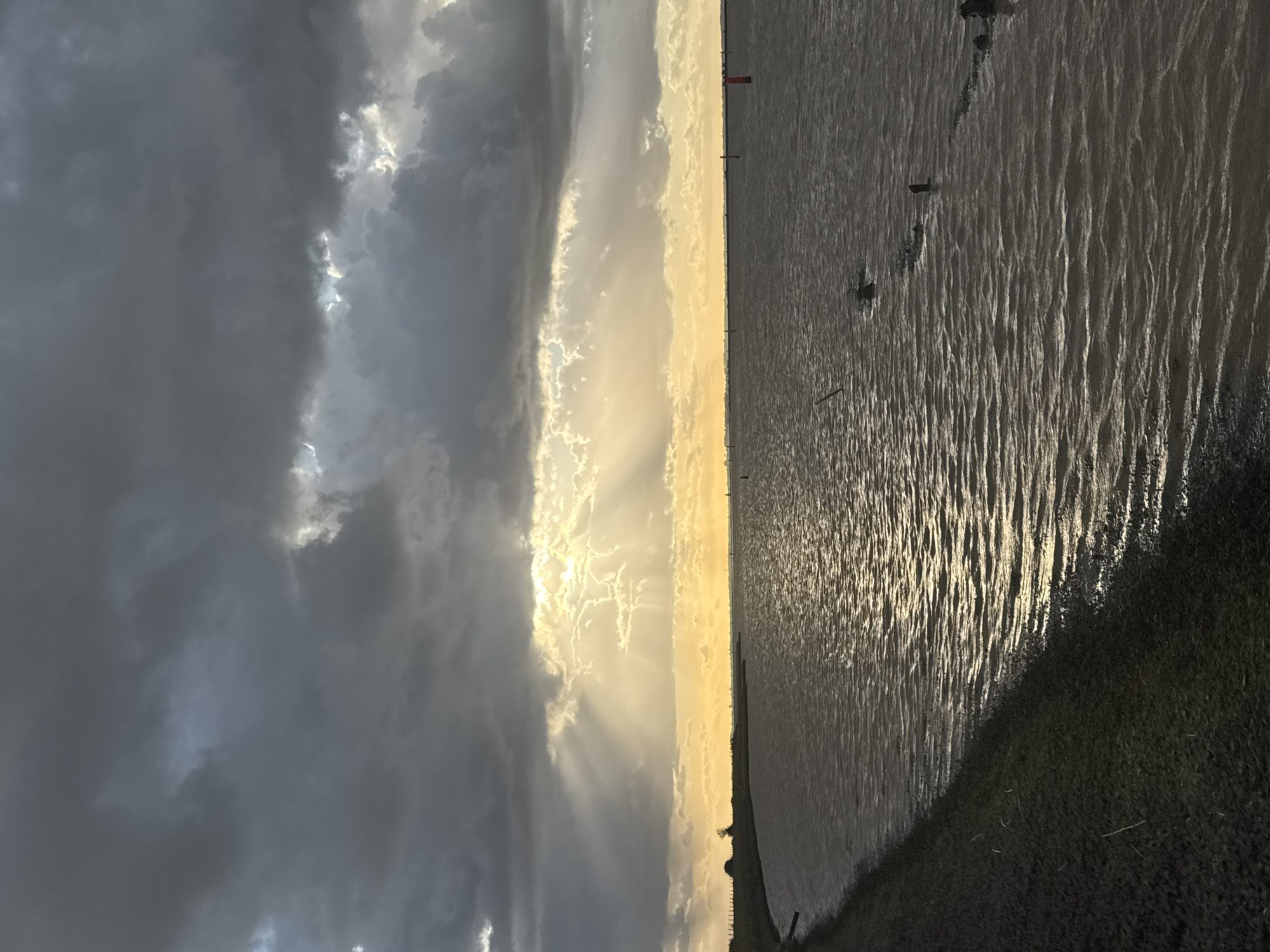 The image displays a wide, open expanse of water under a dramatic, heavily clouded sky, depicting either sunrise or sunset conditions. The upper two-thirds of the frame are dominated by dense, dark grey stratocumulus clouds. A horizontal band of intense golden-yellow light breaks through these clouds, positioned about one-fifth of the way down from the top edge, casting distinct crepuscular rays downwards and outwards across the sky and reflecting on the water.
The lower two-fifths of the image consist of a broad body of brownish-grey water, exhibiting moderate ripples and reflecting the golden light. A dark, curving embankment or shoreline occupies the left side, receding into the distance. This bank appears steep in the foreground, with a dark, textured surface, possibly muddy or sparsely vegetated. A single, dark, low-lying tree or large bush is silhouetted against the horizon on this bank in the mid-distance, with faint linear structures possibly indicating a fence.
Several navigation markers are visible in the water: a prominent cylindrical red buoy with a dark top is in the mid-right. Further out, at least two smaller, darker markers are discernible. Closer to the right foreground, partially submerged, irregular dark objects, possibly old wooden posts or debris, are present in the water.
The distant horizon across the water shows a low, flat landmass, silhouetted against the bright sky, with indistinct structures faintly visible. No people or animals are present.
This scene is located at Breydon Water, Great Yarmouth, United Kingdom, consistent with the characteristic wide, estuarial expanse, low-lying marshy banks, and navigation markers found in this area.