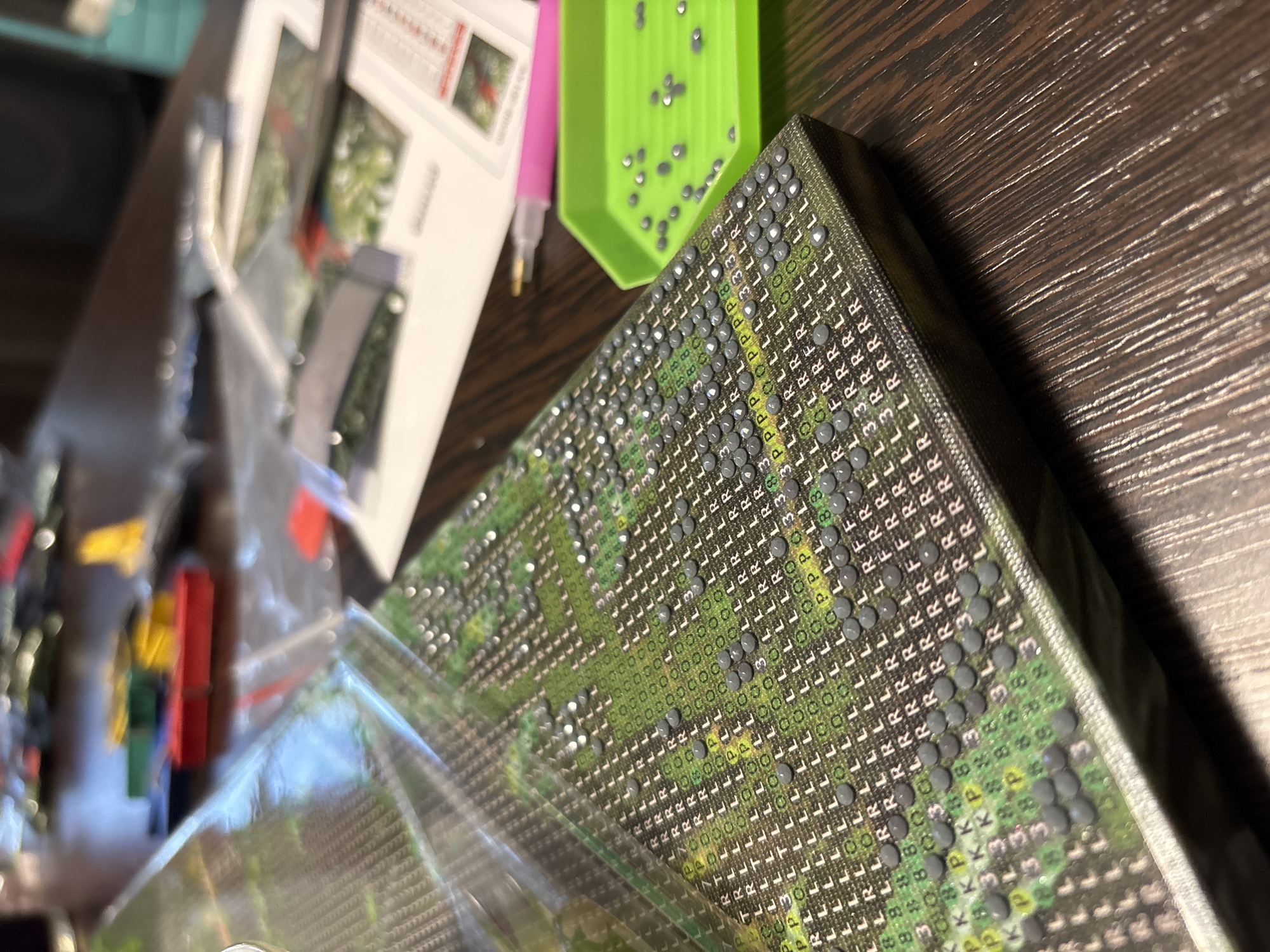 The image shows a close-up of a partially completed diamond painting. The painting itself is on a canvas and appears to be an abstract design with green and gray tones, indicated by the small, colored diamonds adhered to it. The surface of the canvas is covered in a grid pattern with letters and numbers, which serve as a guide for placing the diamonds. Several rows of gray diamonds are visible, with some areas still showing the printed grid.
To the right of the diamond painting, a bright green plastic tray holds a small scattering of the gray diamonds, ready to be applied. A pink and clear applicator pen, typically used for diamond painting, is also visible in the background, positioned just behind the tray. In the further background, other diamond painting supplies and some blurry colored objects, possibly other craft items like paper clips or small boxes, are visible on a wooden surface that appears to be a table. The lighting suggests an indoor setting, likely a home or craft room. There is no indication of the city of Rusanovo, Russia, in the image or any of its elements.