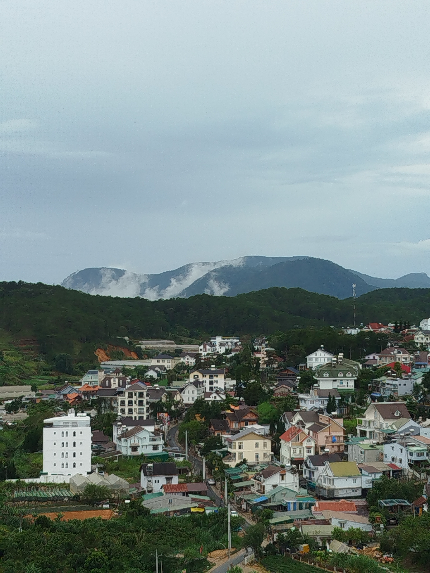 The image shows a high-angle view of Da Lat, Vietnam. The foreground features clusters of houses with varying architectural styles and roof colors, interspersed with greenery. In the midground, a densely forested mountain range rises, partially obscured by clouds or mist near the peaks. The sky is overcast, contributing to an overall muted color palette. A telecom tower is visible.