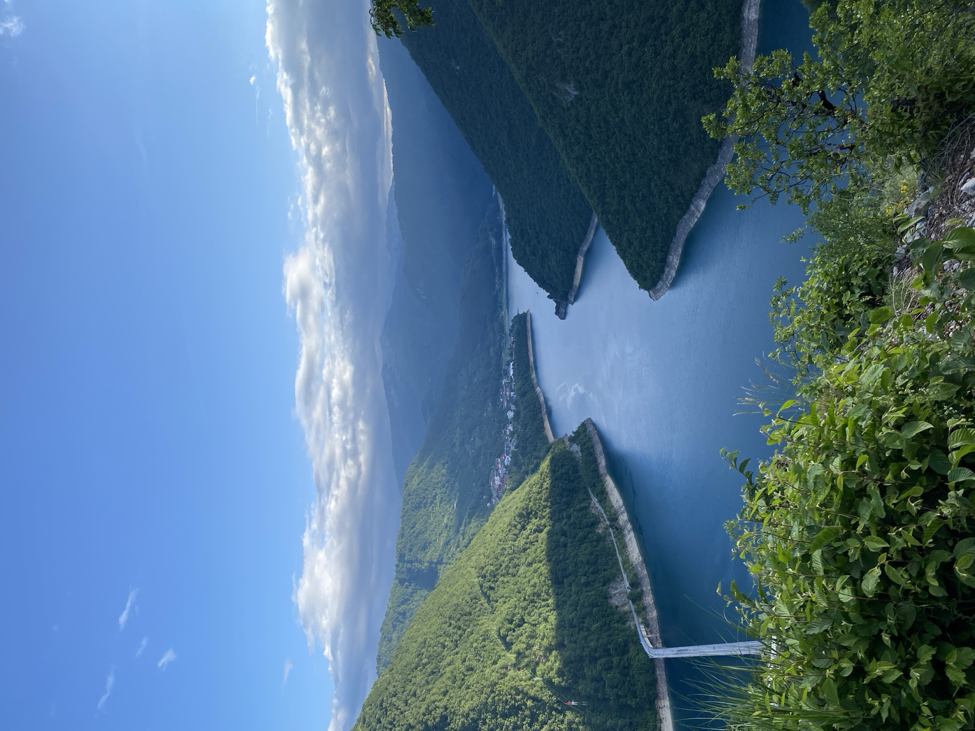 A breathtaking panoramic landscape captures a wide view of a deep blue lake or reservoir, likely Piva Lake, winding through a mountainous region in Plužine, Montenegro. The perspective is from a high vantage point, looking down into a vast valley carved by the water.
The sky, occupying the upper portion of the frame, is a vibrant clear blue, adorned with scattered white, fluffy cumulus clouds, with a larger bank of clouds massed on the left horizon. The bright light suggests a clear day, possibly late morning or early afternoon.
The main subject is the expansive body of water, which is a striking sapphire blue, reflecting the sky. It snakes through the rugged terrain, flanked by steep, densely forested mountains and hillsides covered in lush, dark green foliage. In the mid-ground, a small cluster of buildings with distinct reddish roofs forms a village or hamlet nestled on one of the verdant slopes, adding a touch of human presence to the otherwise natural grandeur.
A notable man-made object is a long, slender white structure, possibly a pedestrian walkway or a narrow bridge, that appears to follow the contour of the lake on the right side of the frame, extending towards the background. The foreground on the lower right is framed by vibrant green leaves and branches of bushes, indicating the photograph was taken from a natural overlook or cliff edge. No specific activities or individuals are discernible in the scene, and there is no visible text. The overall impression is one of majestic natural beauty and tranquility.