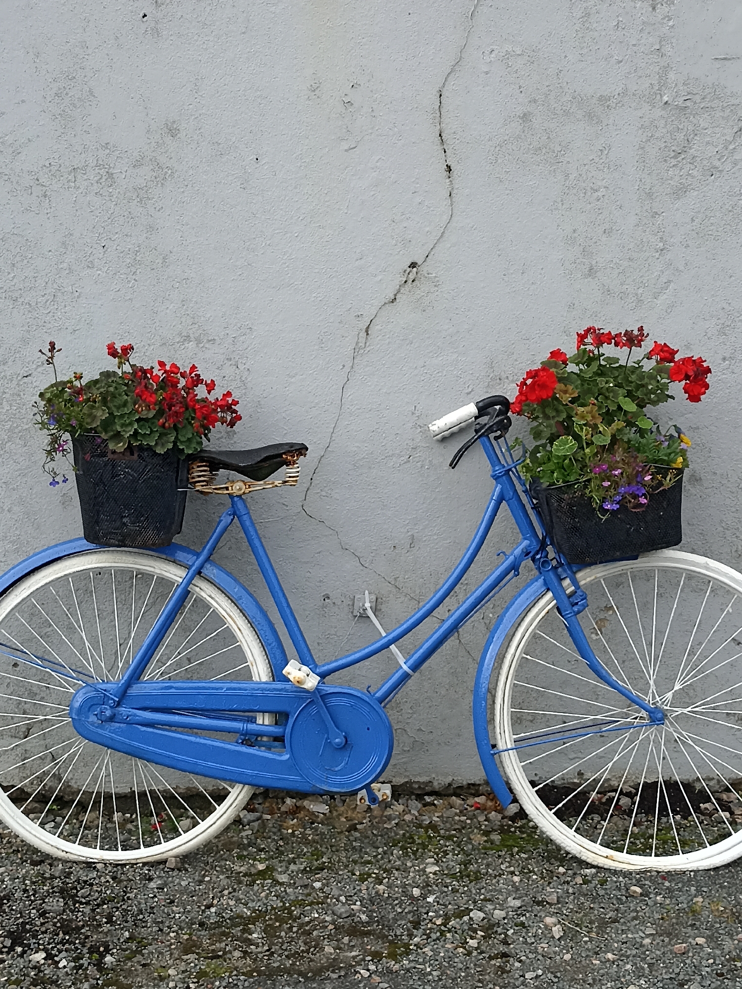The image shows a bright blue vintage bicycle leaning against a rough, gray concrete wall. The bicycle is decorated with two black baskets filled with red and purple flowers. One basket is mounted on the handlebars, and the other is on the rear rack, positioned just behind the bicycle's black saddle. The bicycle has white-rimmed wheels with silver spokes. The wall behind the bicycle has a large crack running down its center. The ground in front of the bicycle is covered with small, dark gray gravel. The lighting suggests it is daytime, and the weather appears overcast. There is no text visible in the image. The scene is static, with the bicycle serving as a decorative object rather than being in use. The setting appears to be outdoors, possibly in a garden or yard.