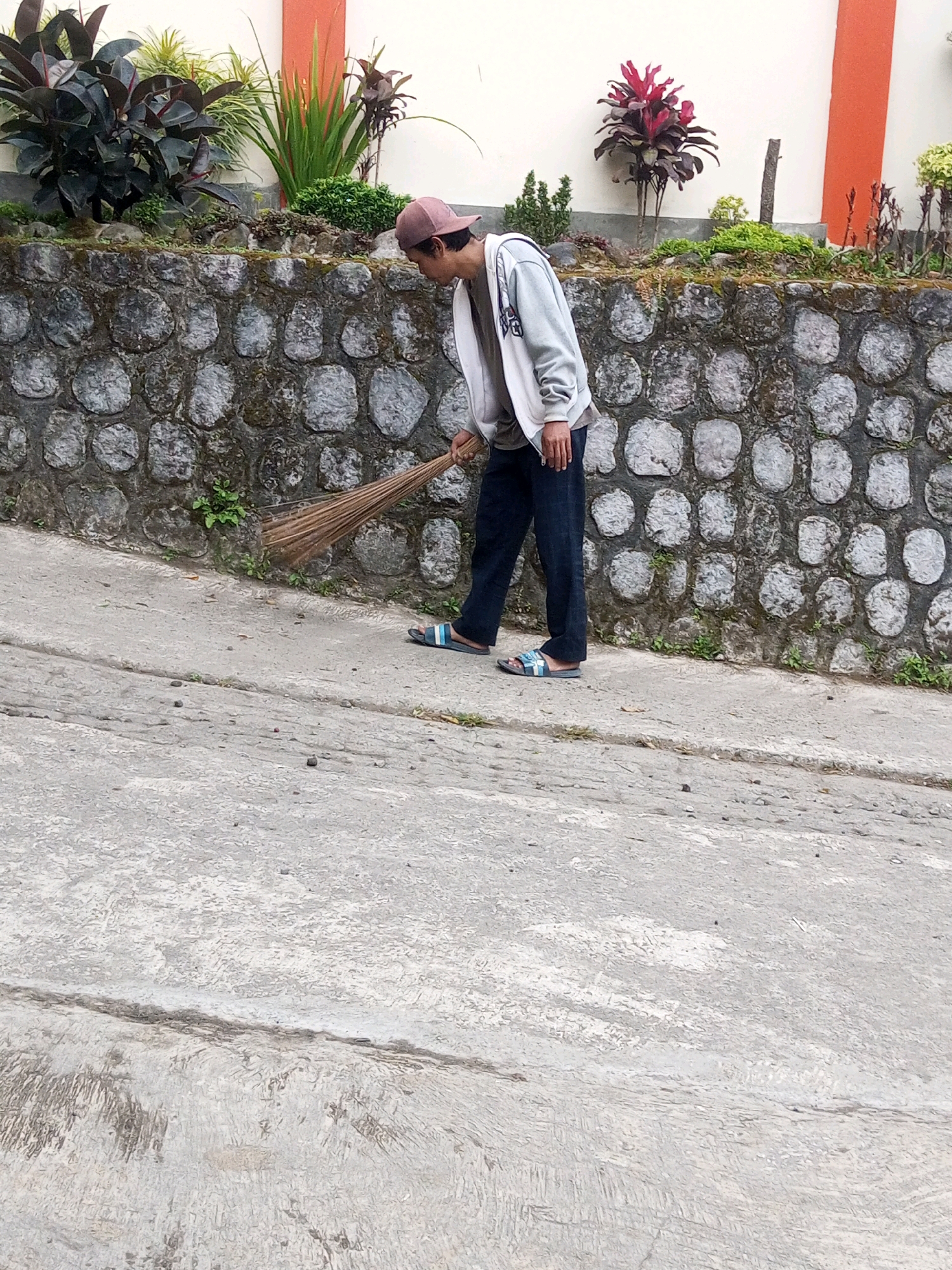 A young person wearing a light-colored hooded jacket, dark pants, and flip-flops is sweeping a concrete path with a broom. They are positioned on the path, which slopes downwards and to the left from the viewer's perspective. Behind the person is a stone retaining wall topped with a garden bed containing various plants, including dark-leaved plants on the left and red-leaved plants on the right. The background consists of a white wall with an orange vertical stripe and a grey sky. The scene appears to be in an outdoor setting, possibly a residential area in Krasak, Indonesia, given the architectural style and vegetation.
