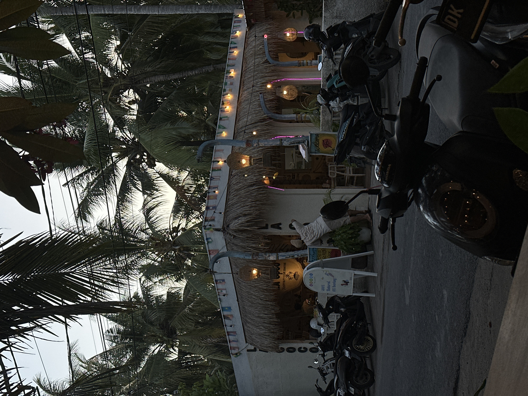 The image shows an outdoor scene in Nusa Penida, Indonesia. The area is characterized by palm trees and a building with a thatched roof, adorned with decorative lights and flags. There are motorcycles parked in front of the building, with visible license plates. A sign with the words "Welcome" and "Hospitality is our signature" is present, along with other signs indicating the business. A person can be seen tending to plants near the building. The lighting suggests it may be dusk or early evening. The presence of electrical wires is also noticeable.