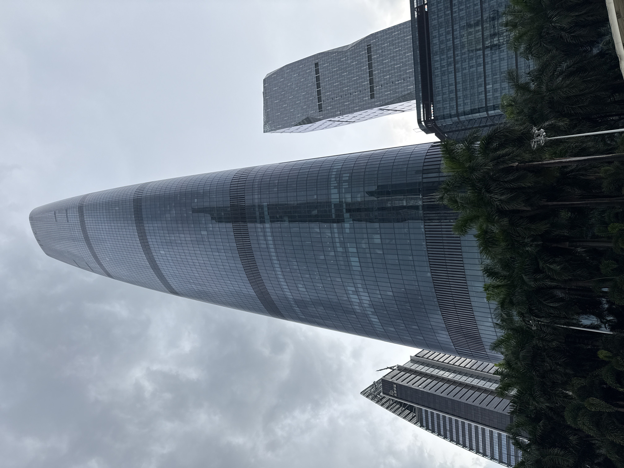 The image displays the Canton Tower and surrounding skyscrapers in Tianhe District, Guangzhou, China, under a cloudy sky. The Canton Tower, the tallest structure, is a prominent, curved, glass-clad skyscraper dominating the center of the frame. To its right, another modern skyscraper with a segmented, angular design stands. To the left of the Canton Tower, a building with a triangular, lattice-like facade is visible, with a darker, rectangular building attached. In the foreground, a dense line of palm trees stretches across the bottom of the image, with a streetlight and white railings also visible. The scene is devoid of people.