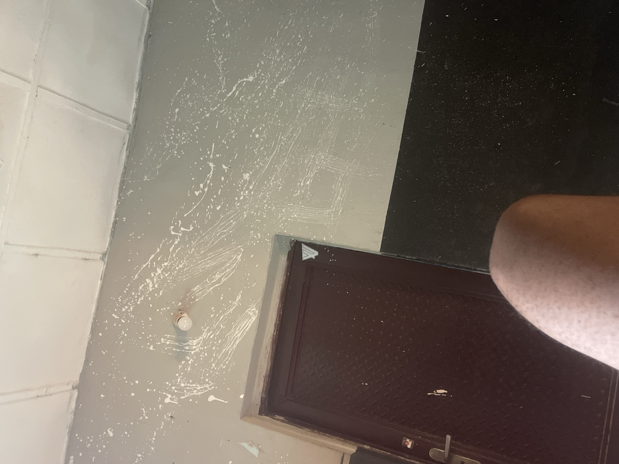 The image depicts a hallway in Jalingo, Nigeria, with a dark brown diamond-patterned door on the left. The wall above the door is painted a light gray and is heavily splattered with white paint, with some areas showing streaks and scratch marks. A light fixture is present on the wall above the door. The lower portion of the wall and the floor are painted black. A person's bare leg is visible in the foreground, obscuring part of the scene. The ceiling is white and appears to be made of modular panels.