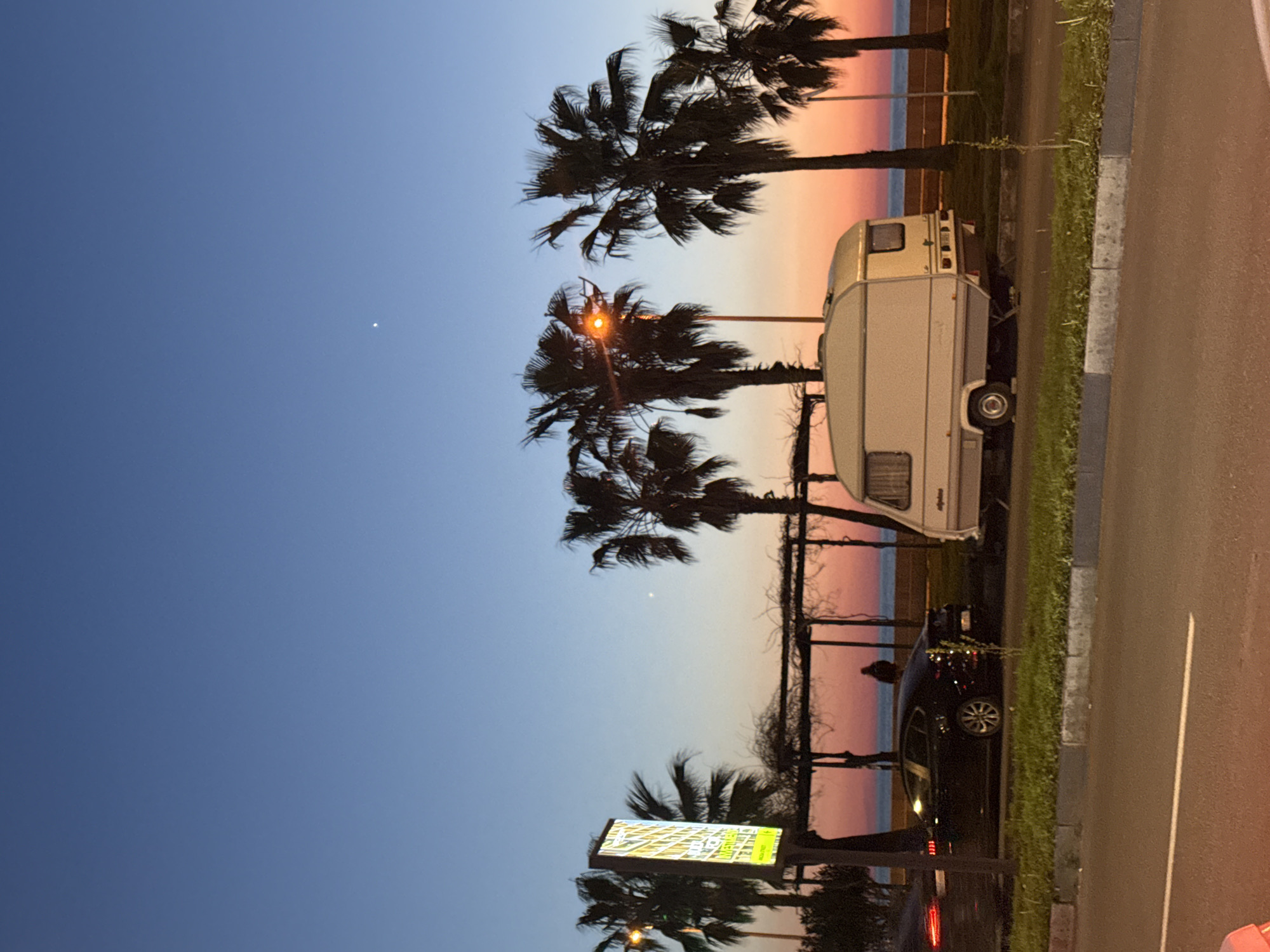 The photograph shows a street scene at dusk in Batumi, Georgia. The sky transitions from deep blue to a pink and orange horizon over the Black Sea. Along the roadside, there are palm trees and a grassy strip separating the road from the beach. A white camper van is parked adjacent to the grass. A dark-colored car with illuminated tail lights is positioned further along the road. A commercial sign is also visible near a palm tree. A person stands nearby the black car. The street is paved and well-lit by streetlights.