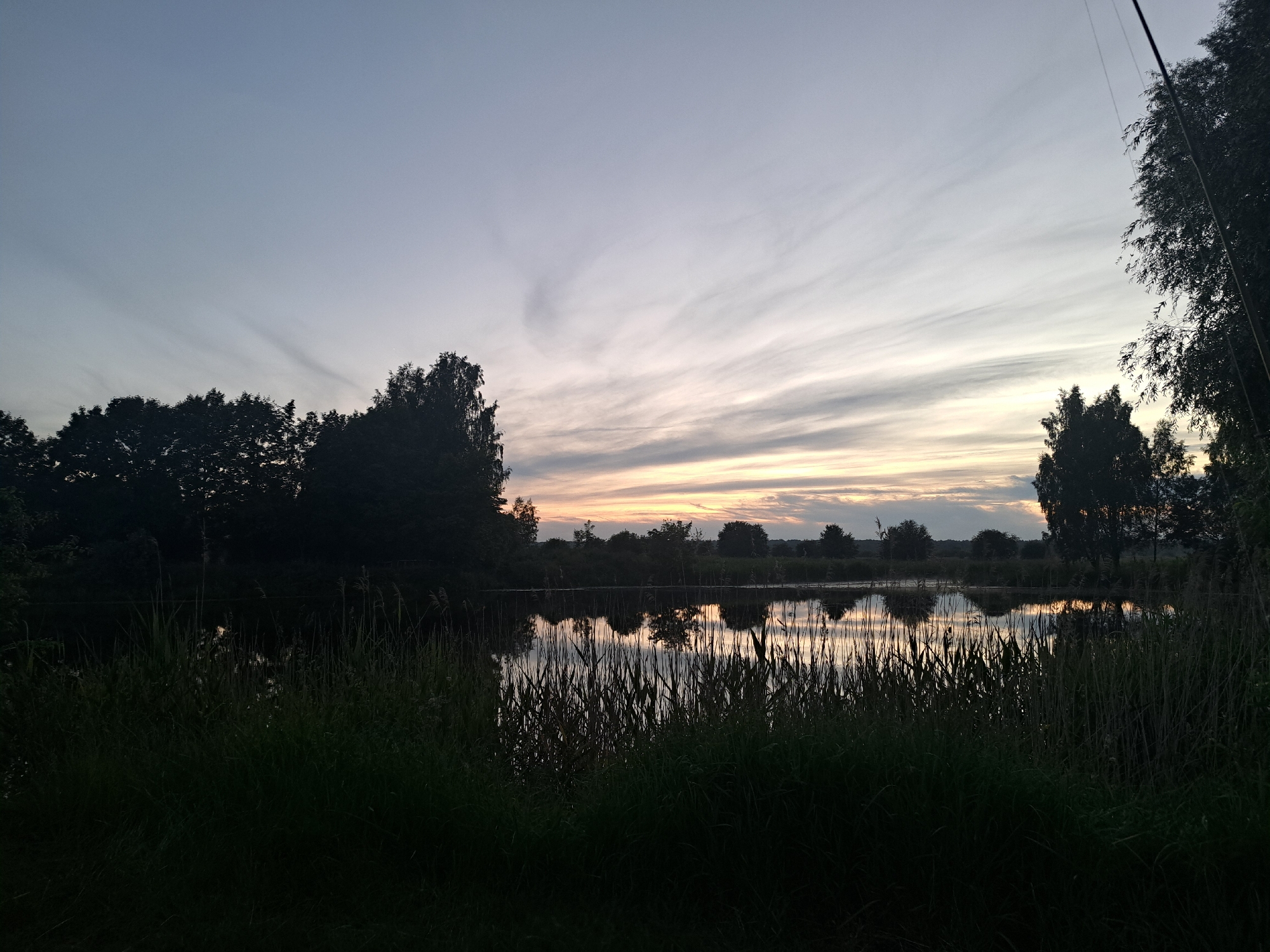 This media file captures a tranquil scene at dusk by a body of water, likely a lake or slow-moving river, with a backdrop of trees and reeds. The sky is a canvas of soft blues and greys, streaked with wispy clouds that reflect the fading light of the setting sun. A faint orange glow on the horizon suggests the sun has recently dipped below the treeline.
The foreground is dominated by dark, silhouetted reeds and tall grass, creating a sense of depth and framing the water. The water itself is calm, mirroring the sky and the dark shapes of trees that line the opposite bank. These trees are dense and appear to be a mix of deciduous and perhaps some evergreens.
The overall mood is peaceful and serene, evoking the quiet beauty of nature at the end of the day. The location appears to be rural or semi-rural, given the natural landscape and lack of prominent man-made structures. The time of day is clearly twilight, characterized by the dim lighting and the colors in the sky. There are no people or discernible objects of human creation, apart from a thin, dark line that extends from the top right edge of the image upwards, possibly a fishing line or a thin tree branch. No text is visible in the image. The scene is characteristic of the Latvian countryside at sunset.