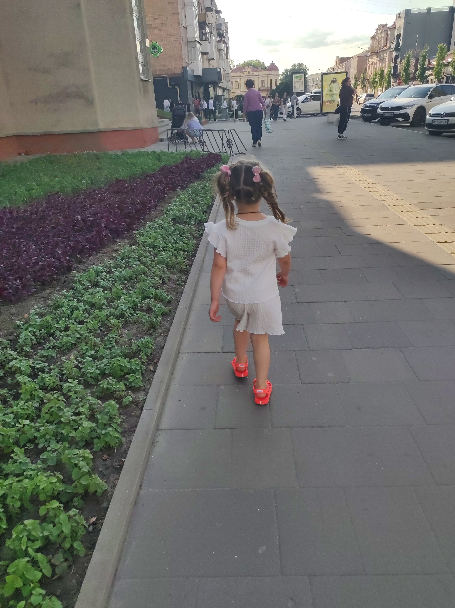 A young girl with pigtails walks away from the camera on a city sidewalk. She is wearing a white outfit with ruffles and bright orange sandals. The girl is walking on a paved sidewalk next to a flower bed. The flower bed has a row of dark purple plants and a row of green plants. In the background, there are buildings and cars parked along the street. Other people are also walking on the sidewalk in the distance. The sun is shining, casting shadows on the ground, suggesting it is either morning or late afternoon. There are no discernible emotions visible from the girl's back.