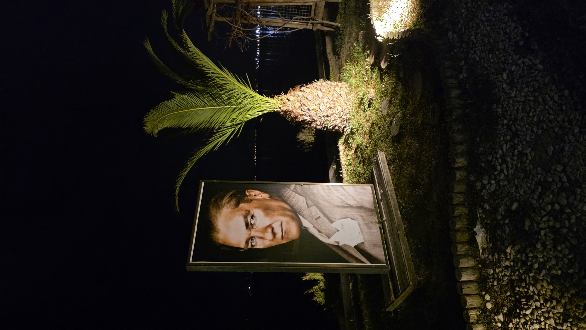 The image displays a prominent outdoor portrait of Mustafa Kemal Atatürk at night, set against a dark background. The portrait, a large framed image, is the central focus, depicting Atatürk with striking blue eyes, dark hair, and a serious yet dignified expression, wearing a light-colored suit with a white pocket square.
To the right of the portrait, a palm tree with vibrant green fronds and a textured trunk is illuminated from below by artificial light, casting a glow on its foliage and the surrounding ground. The ground transitions from a grassy area near the palm tree to a pathway composed of small, light-colored stones or pebbles. A border of wooden logs runs along one edge of this path.
In the background, beyond the immediate foreground elements, the scene is deeply dark, suggesting nighttime. Sparse, scattered lights are visible across what appears to be a large body of water, indicative of a coastal or lakeside environment. A wooden trellis-like structure can be partially seen behind the palm tree. The entire setting is lit by artificial sources, highlighting the key elements against the dark sky. No discernible text is visible on the portrait. The atmosphere is quiet and respectful, fitting for a memorial or public display of such a significant figure, consistent with a location like Fethiye, Turkey.