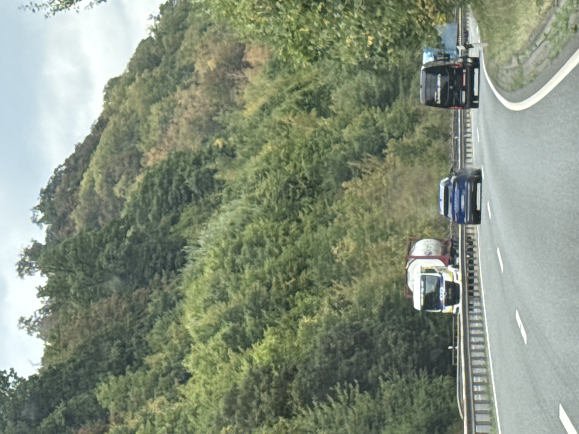 The image depicts a view from a vehicle traveling on a highway in the city of Bad Lauterberg im Harz, Germany. The highway is paved with asphalt and has white lane markings. On the right side of the highway, a concrete barrier with metal railings separates the road from a steep, tree-covered hillside. The hillside is densely populated with deciduous trees exhibiting a mix of green and autumnal foliage.
In the foreground, a dark blue car is traveling on the highway. Further ahead, a black van is in the right lane. In the left lane, a white and red tanker truck is visible. The sky above is overcast with scattered clouds. The overall scene suggests a highway passing through a heavily wooded natural landscape.