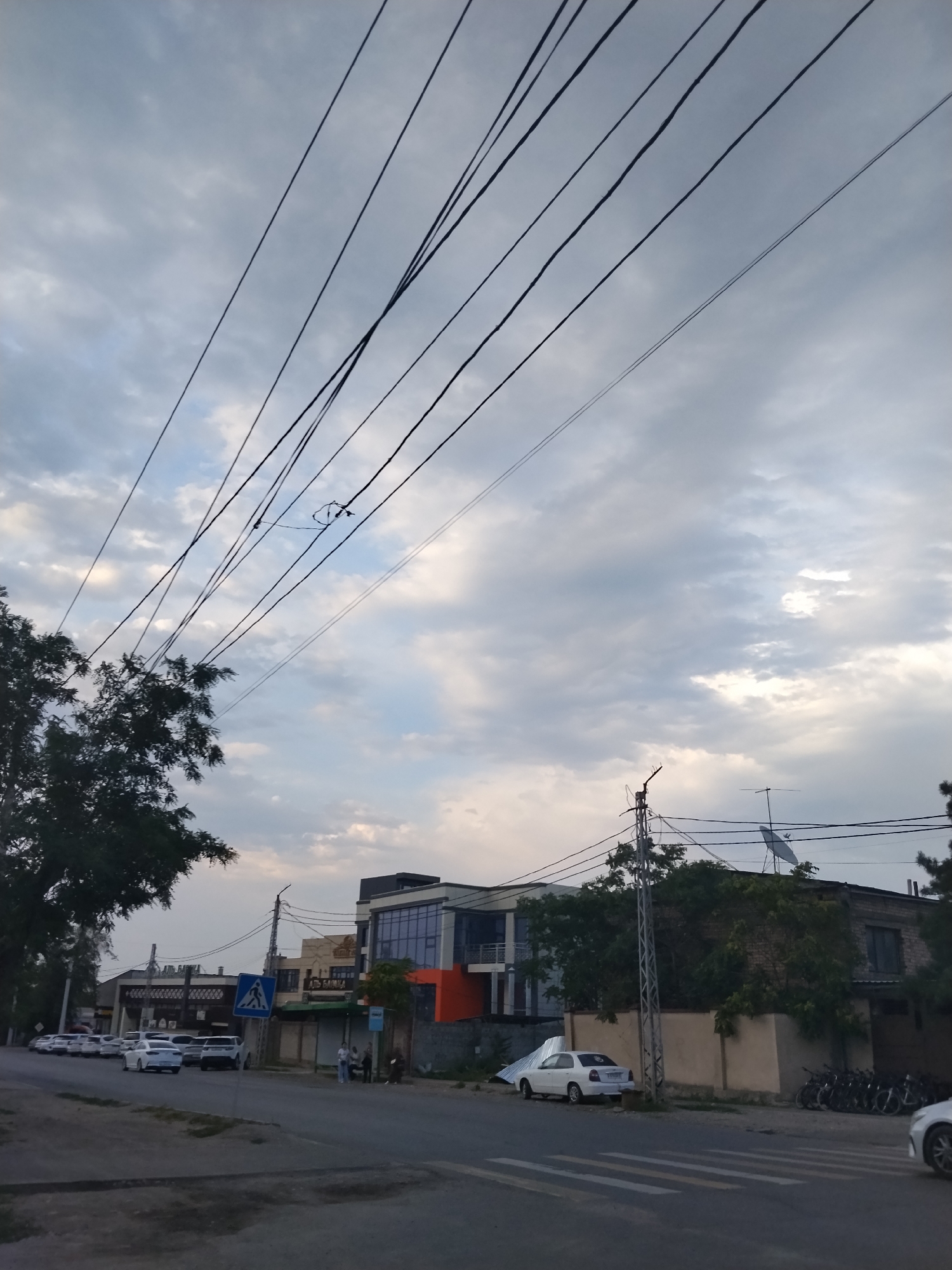The image depicts a street scene under a cloudy sky. Numerous power lines crisscross the frame from the upper left to the right. On the left side of the street, a large tree with dark green foliage stands tall. Several white cars are parked in a row along the side of the road, with one white car further down the street.
In the background, a modern building with a dark facade, glass windows, and an orange section is visible. Next to it is another building with a lighter facade and signage that includes Cyrillic text. Several people are seen standing near the buildings. A blue pedestrian crossing sign is prominently displayed on a pole.
Further to the right, a brick building is situated, with a satellite dish mounted on its roof. A row of bicycles is parked in front of this building. A white car is parked on the left side of the road near a construction material. The overall scene suggests a town or city setting, possibly in the late afternoon or early evening, given the subdued lighting and cloud cover. There are no overt signs of a specific event taking place, but the presence of parked cars and people suggests normal daily activity.
