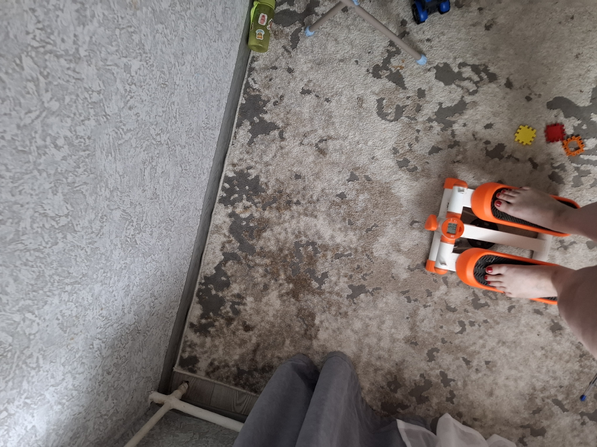 A high-angle shot shows a carpeted room, likely indoors, possibly located in Chaikovsky, Russia. A section of a textured, light-gray wall is visible on the left. The carpet is patterned in shades of brown, gray, and beige. Near the wall, a green water bottle with stickers lies on the carpet. A section of what appears to be a child’s toy or play structure, with blue and white parts, is also on the carpet. Yellow, red, and orange puzzle pieces are scattered on the carpet near the upper-right area of the frame.
An orange and white stepper machine is centrally located, positioned at a slight angle. A woman's feet are placed on the stepper, with red nail polish visible on her toes. The bottom portion of gray sweatpants and a section of white fabric, potentially from clothing or bedding, appear near the bottom of the frame.