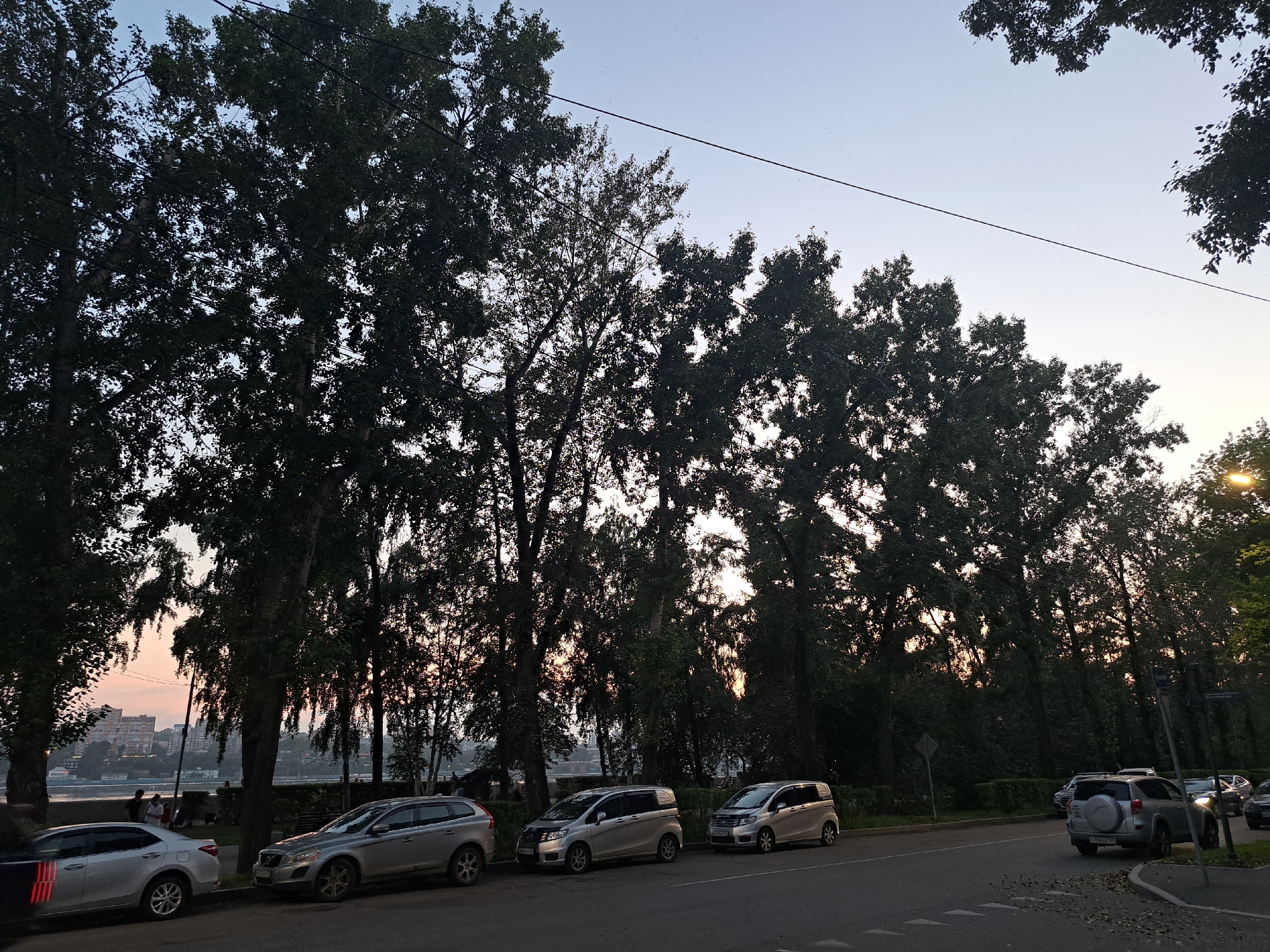 The image depicts a street scene in Irkutsk, Russia, near a body of water, likely the Angara River, given the presence of buildings across the water and the general landscape. Tall trees line the street, casting shadows on the asphalt. Several cars are parked along the side of the road, including silver sedans and SUVs. In the background, a few people are visible walking along a promenade or park area near the water. The sky is a pale gradient of blue and pink, suggesting either dawn or dusk. Power lines are strung overhead, crisscrossing the sky above the trees. The overall impression is one of a quiet urban environment on a temperate evening or morning.
