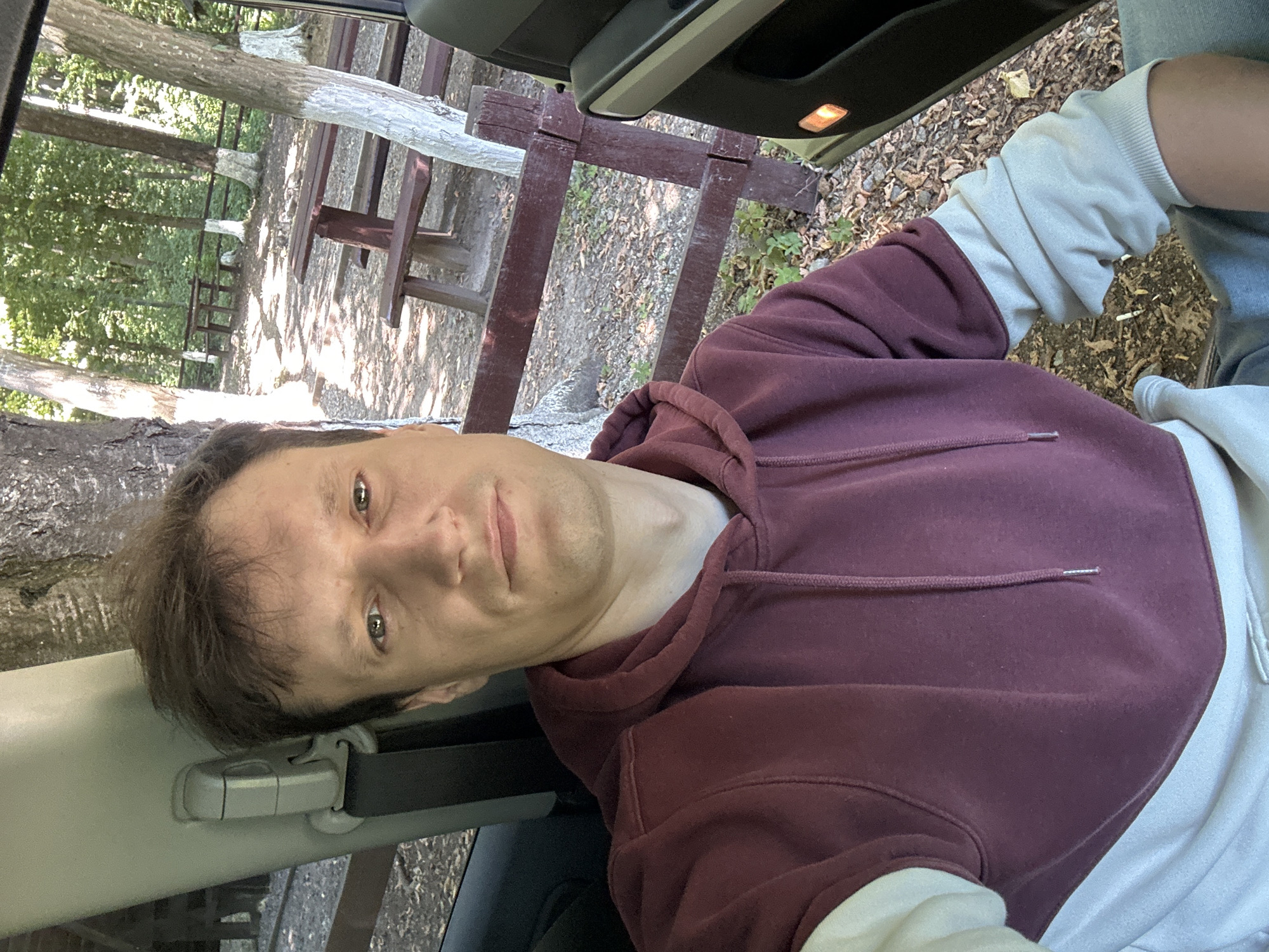 A medium shot captures a man sitting in the driver's seat of a vehicle, with the passenger side door open to reveal an outdoor wooded picnic area. The man is facing the camera, his head and torso filling the majority of the frame. He has short brown hair and light-colored eyes, and he is wearing a maroon hooded sweatshirt over a light gray long-sleeved shirt. The background shows several wooden picnic tables and benches scattered amongst trees, some of which have their lower trunks painted white. A wooden fence runs horizontally through the middle ground of the image. The ground is covered with fallen leaves and dirt. The lighting suggests it is daytime. The location is not identified as Shatava, Ukraine.