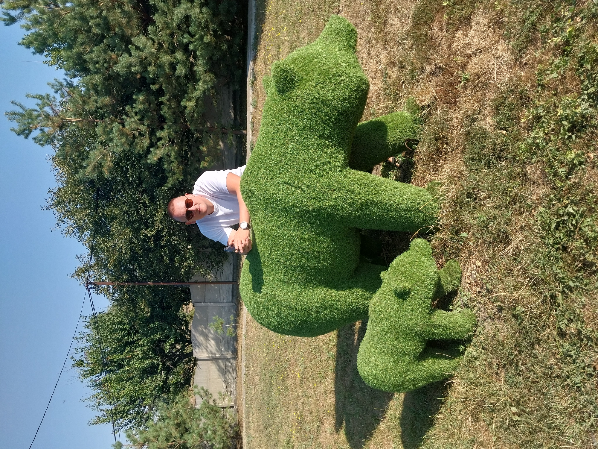 A man in sunglasses and a white t-shirt poses behind two topiary bear sculptures, one large and one small, in a grassy outdoor area. The sculptures are covered in green, artificial turf. The background consists of trees, a concrete fence, and a clear blue sky. The ground is a mix of dry grass and some green patches. The scene appears to be in a park or recreational area, potentially in the city of Petrykivka, Ukraine, given the context provided. The man's hands are clasped in front of him, resting on the back of the larger bear. The smaller bear is positioned to the left of the larger one, slightly in front.