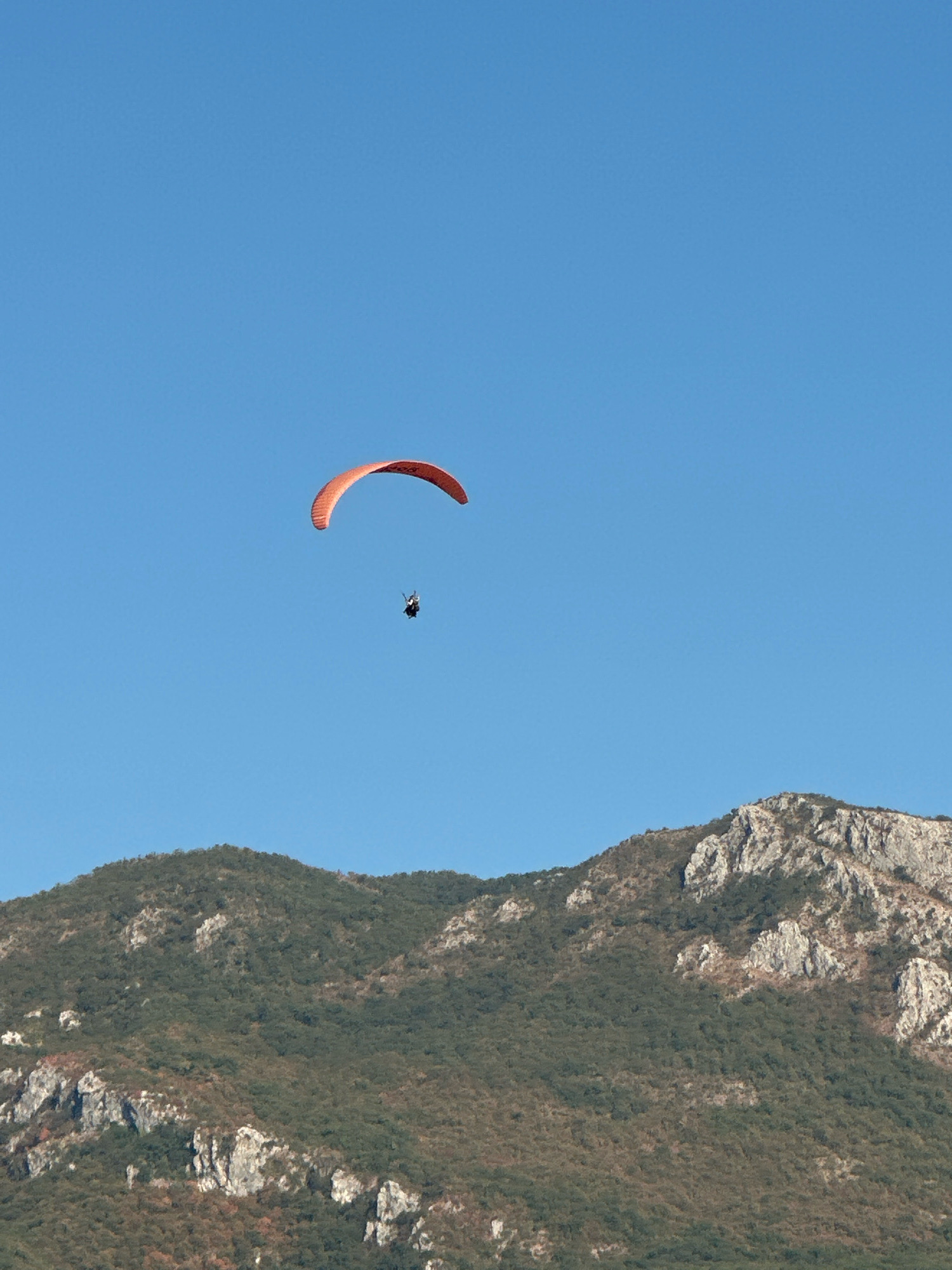 An orange paraglider with a visible pilot is soaring through a clear blue sky above a mountainous landscape. The paraglider is positioned towards the left of the frame. The mountains, covered in green vegetation and interspersed with rocky outcrops, form the lower half of the image. The scene is brightly lit, suggesting daylight conditions. The paraglider is at a considerable altitude, with the mountain range extending across the horizon.